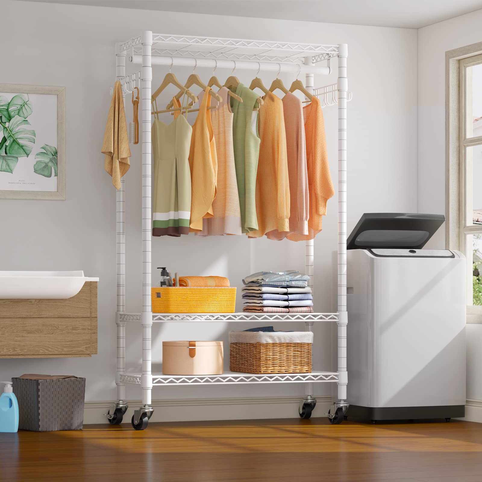Vipek R1 Rolling Clothing Rack Heavy Duty Garment Rack For Hanging Clothes, Portable Closet Wardrobe With Wheels And Side Hooks,