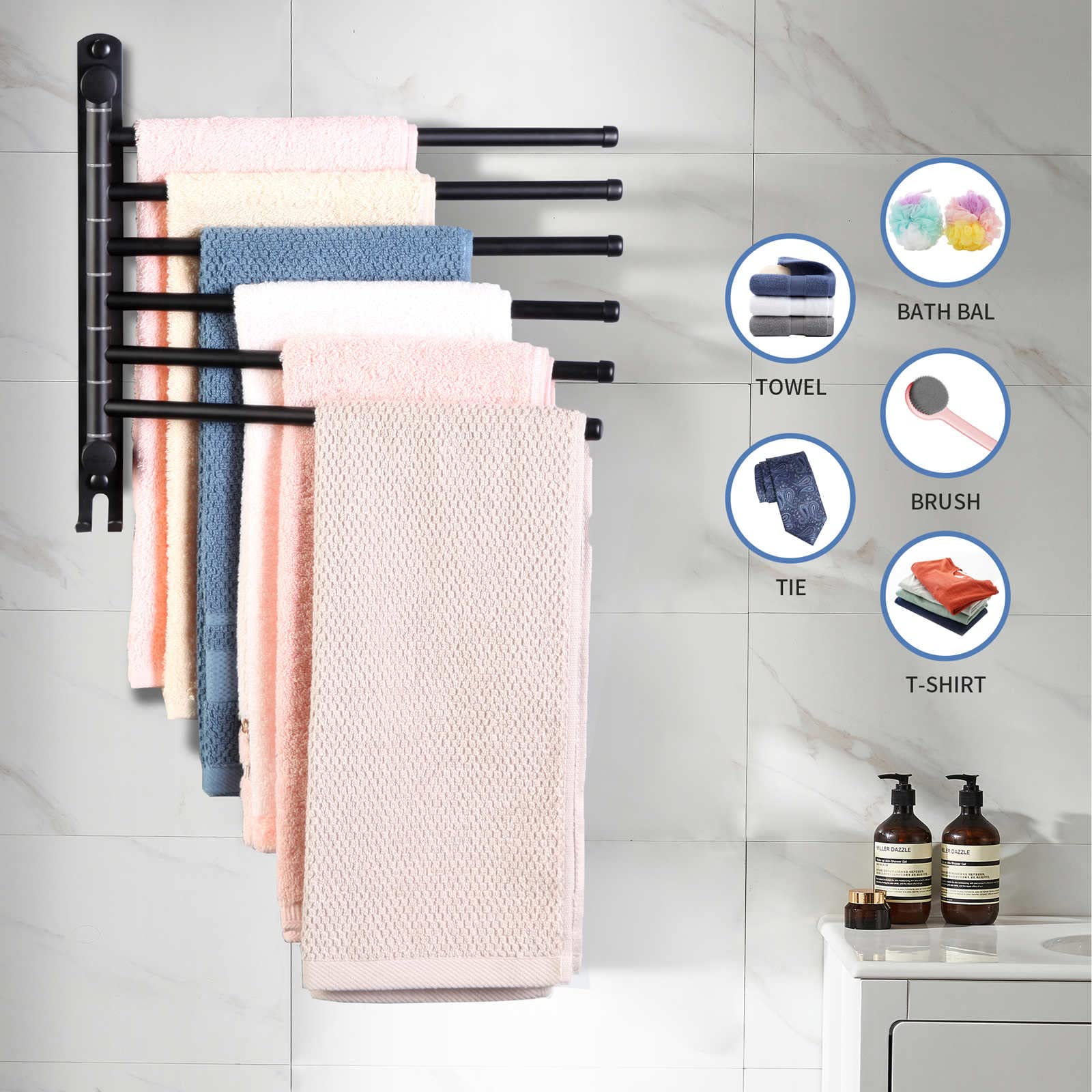 Swivel Towel Rack, Towel Bar With Wall Mounted 180 Rotation, 6 Arms Towel Hanger Sus 304 Stainless Steel, Space Saving For Kitch