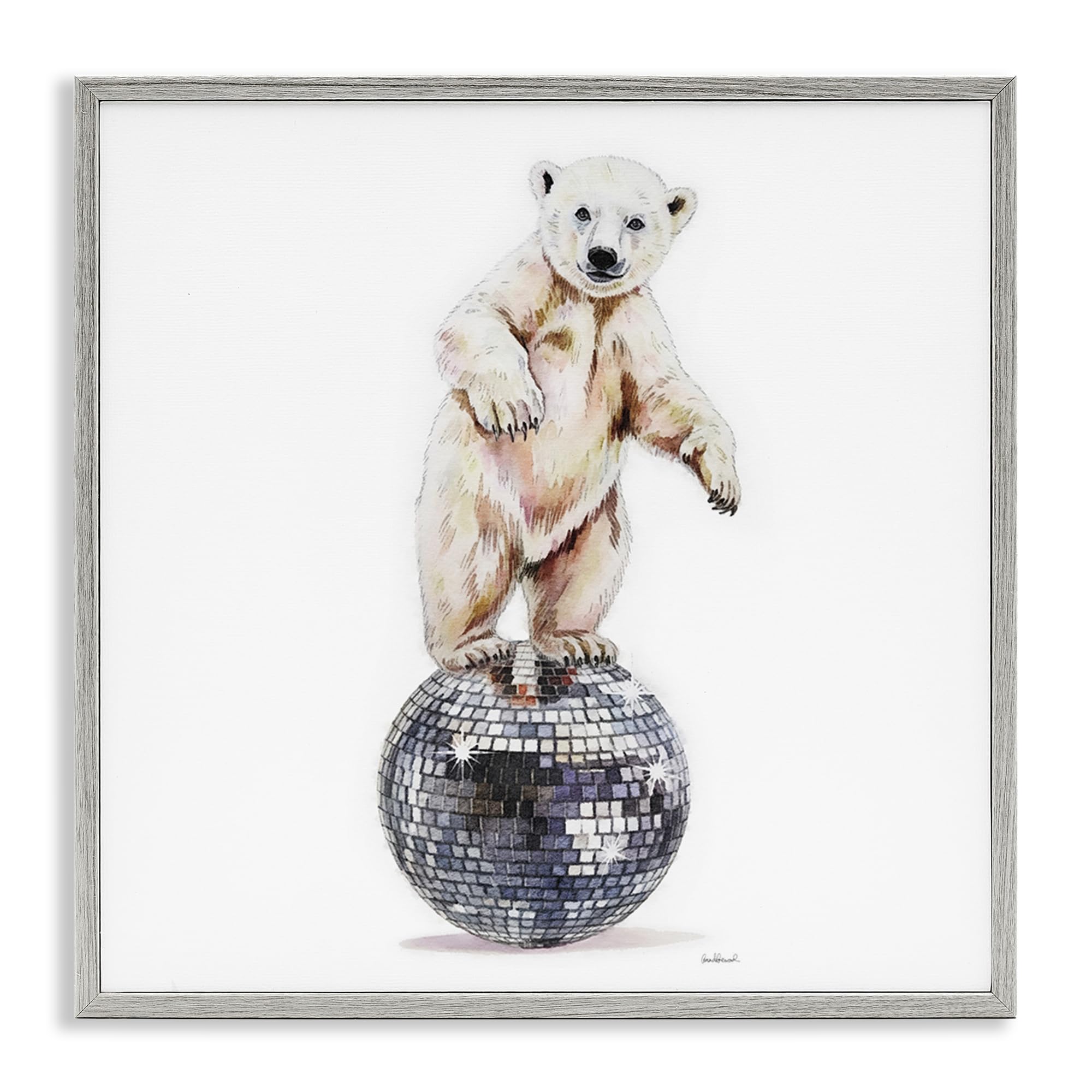 Stupell Industries Polar Bear on Disco Ball Gray Framed Giclee Art, design by Amanda Greenwood, 17 x 17
