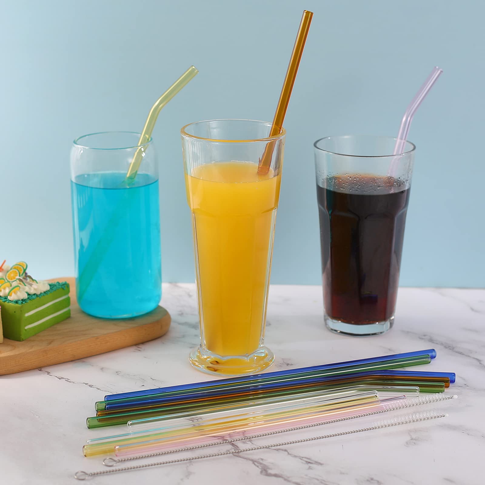 [12 Pcs] Reusable Colorful Long Glass Straws - 11'' X 8Mm And 9'' X 8Mm Shatter Resistant Each Including 3 Straight And 3 Bent W