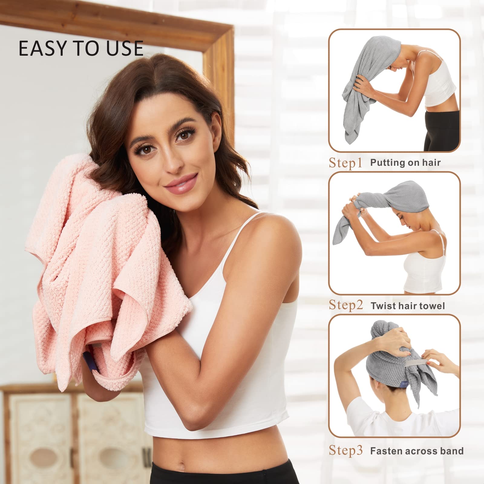 BYCOO 2 Pack Large Microfiber Hair Towel Wrap for Women, Anti Frizz Hair Drying Towel, Fast Dry Hair Turban for Wet Hair, Long,