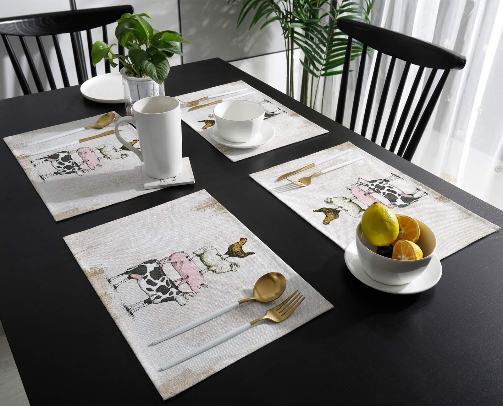 Greeeen Placemats Set Of 6 Farm Funny Animal Theme Milk Cow Pig Sheep Chicken Heat Resistant Place Mat For Dining Table Washable