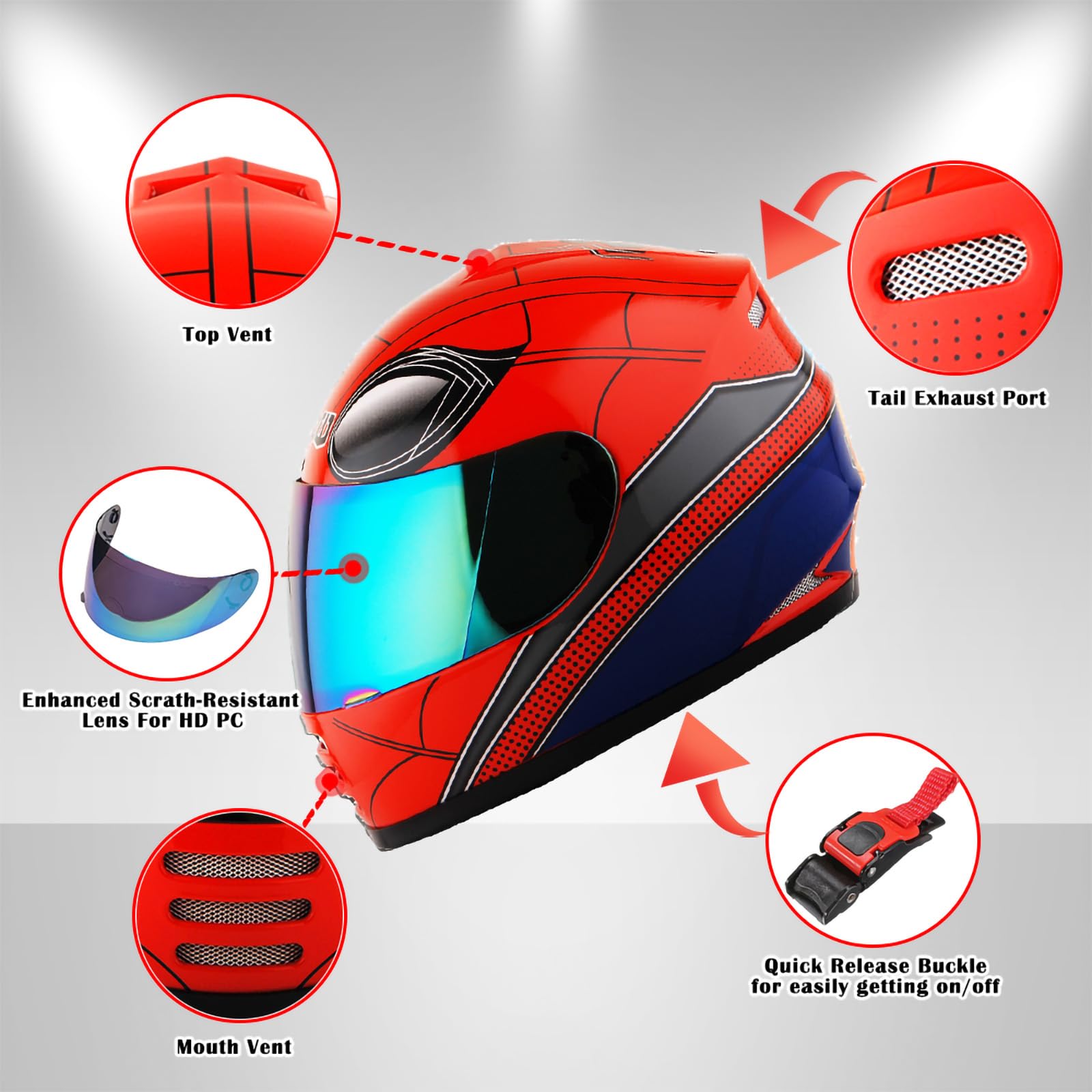 WOW Full Face Helmet for Kids - Medium, Thermoplastic, Spider Red, Model HKY-B15