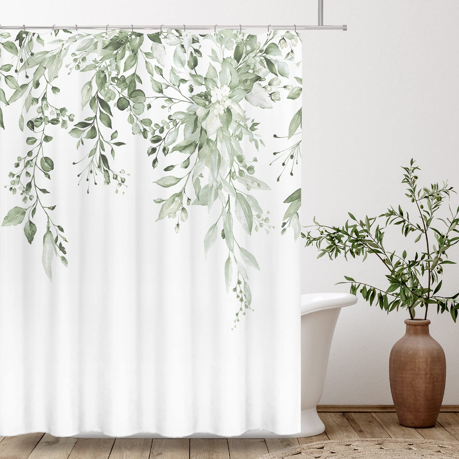 Tititex Lime Light Green Eucalyptus Shower Curtain Sets, Watercolor Leaves On The Top Plant With Floral Bathroom Decoration 72X8