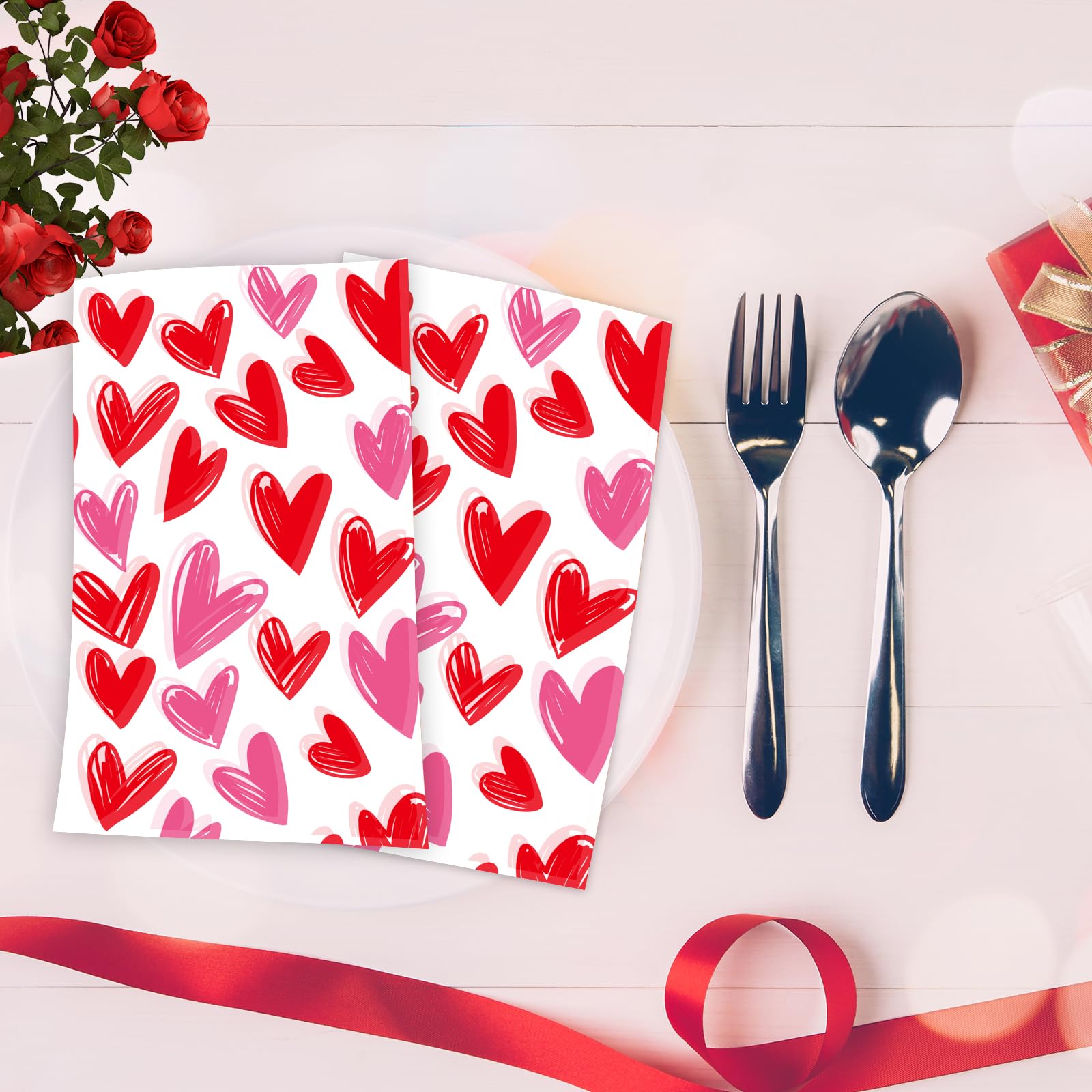 Valentines Day Paper Napkins Heart 100Pcs Disposable Hand Towel Valentines Day Party Decorations Guest Napkin For Dinner Bathroo