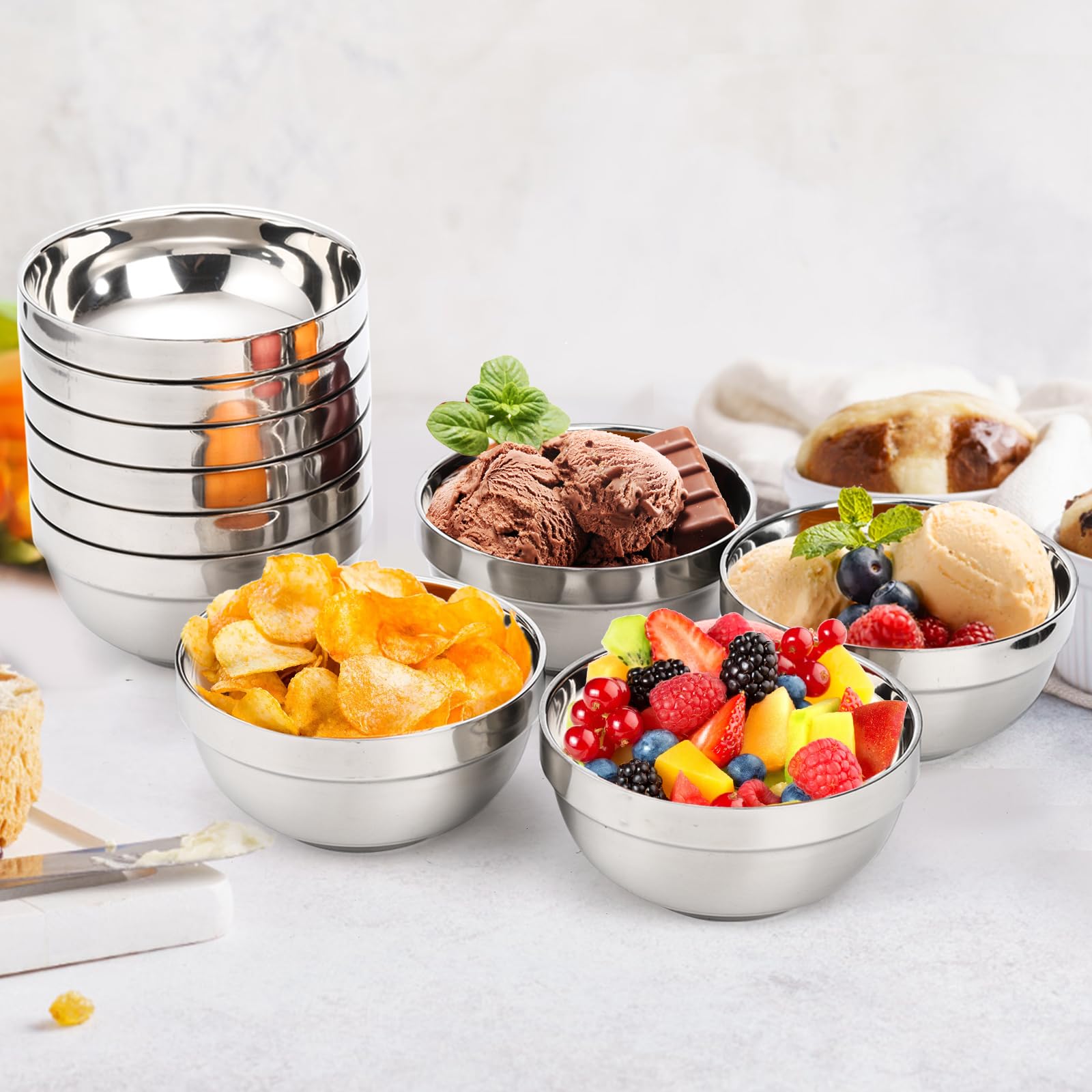 Yarlung 10 Pack Stainless Steel Bowls 5 Inch Snacks Bowls, 15 Oz Soup Bowls Lightweight Salad Bowls Double-Walled Metal Serving
