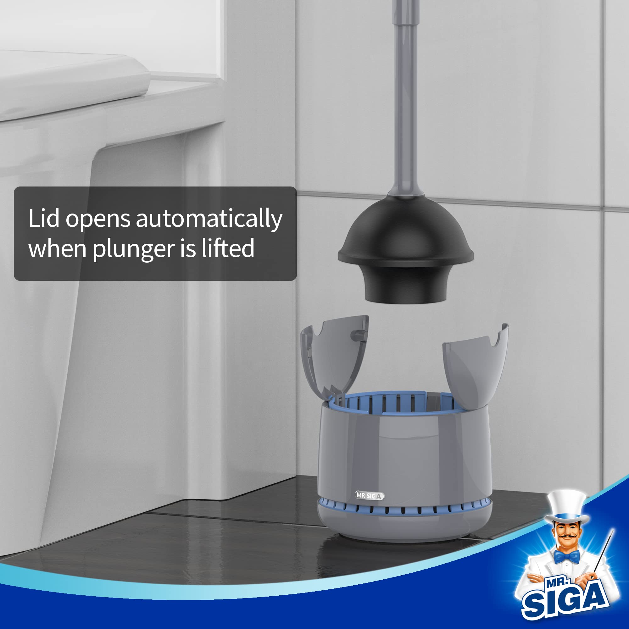 Mrsiga Toilet Plunger With Holder, Heavy Duty Plunger With Sturdy Handle For Toilet Cleaning, Gray