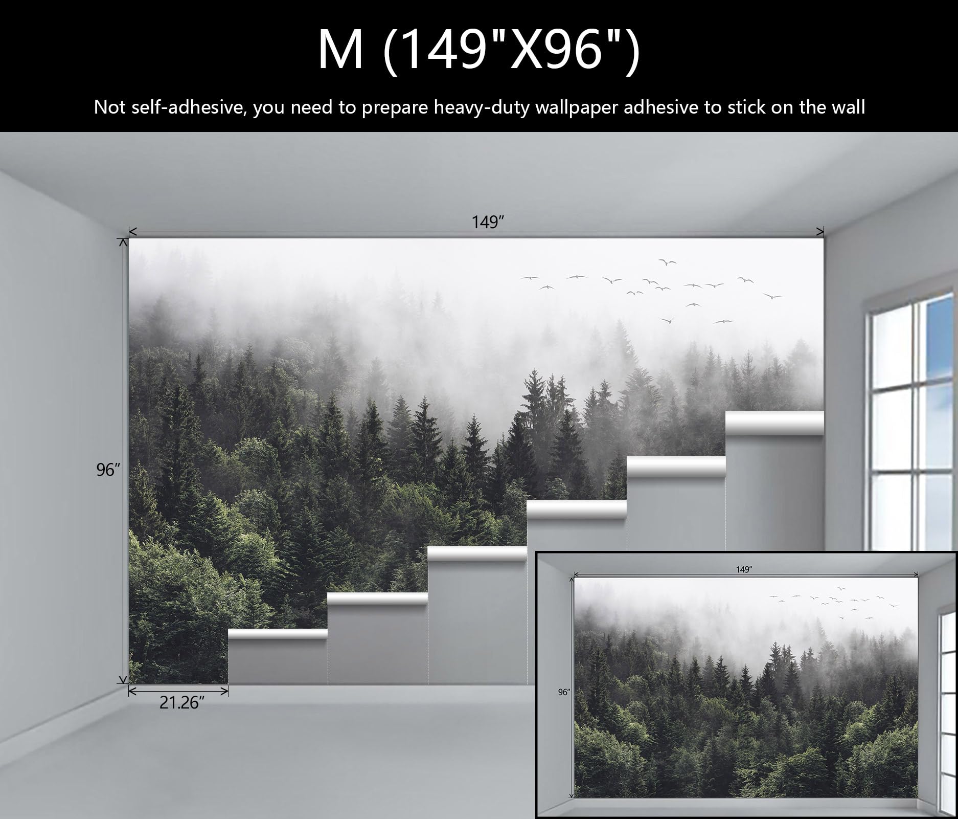 Wfbhua-Foggy Forest Woodland Wallpaper Green Nature Landscapes Wall Murals For Bedroom Living Room(Not Peel And Stick)