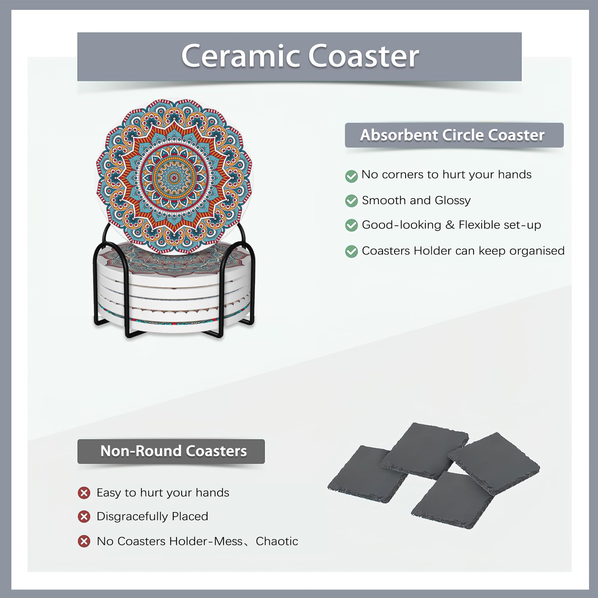 Drink Coasters Set Of 6 With Holder,Mandala Boho Flower Absorbent Ceramic Coasters With Cork Base,Fit All Cups,Tabletop Protecti