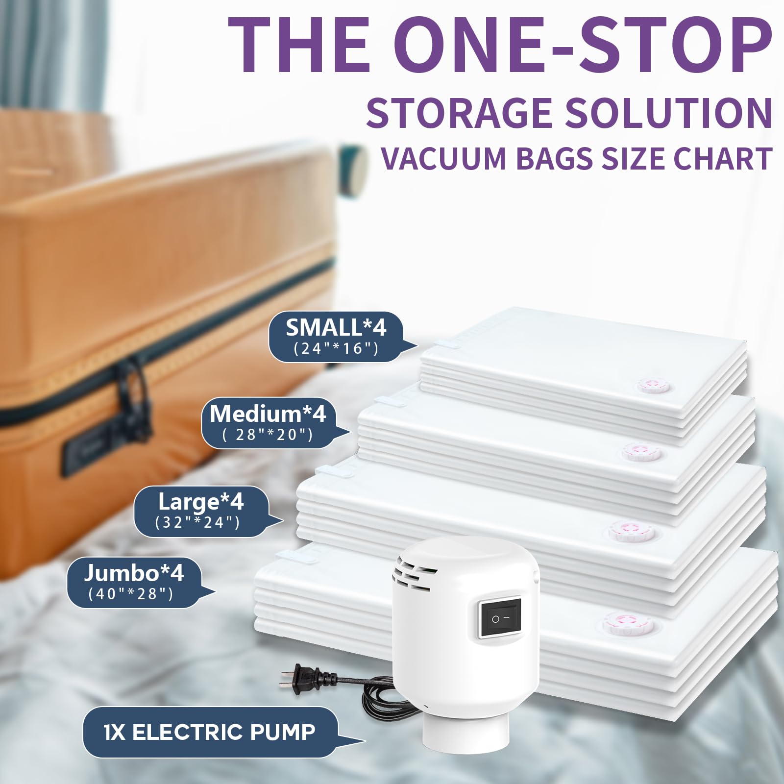 SZO 16 Pack Vacuum Storage Bags With Electric Air Pump,(4 Jumbo/4 Large/4 Medium/4 Small) Vacuum Seal Bags For Clothing Travel,