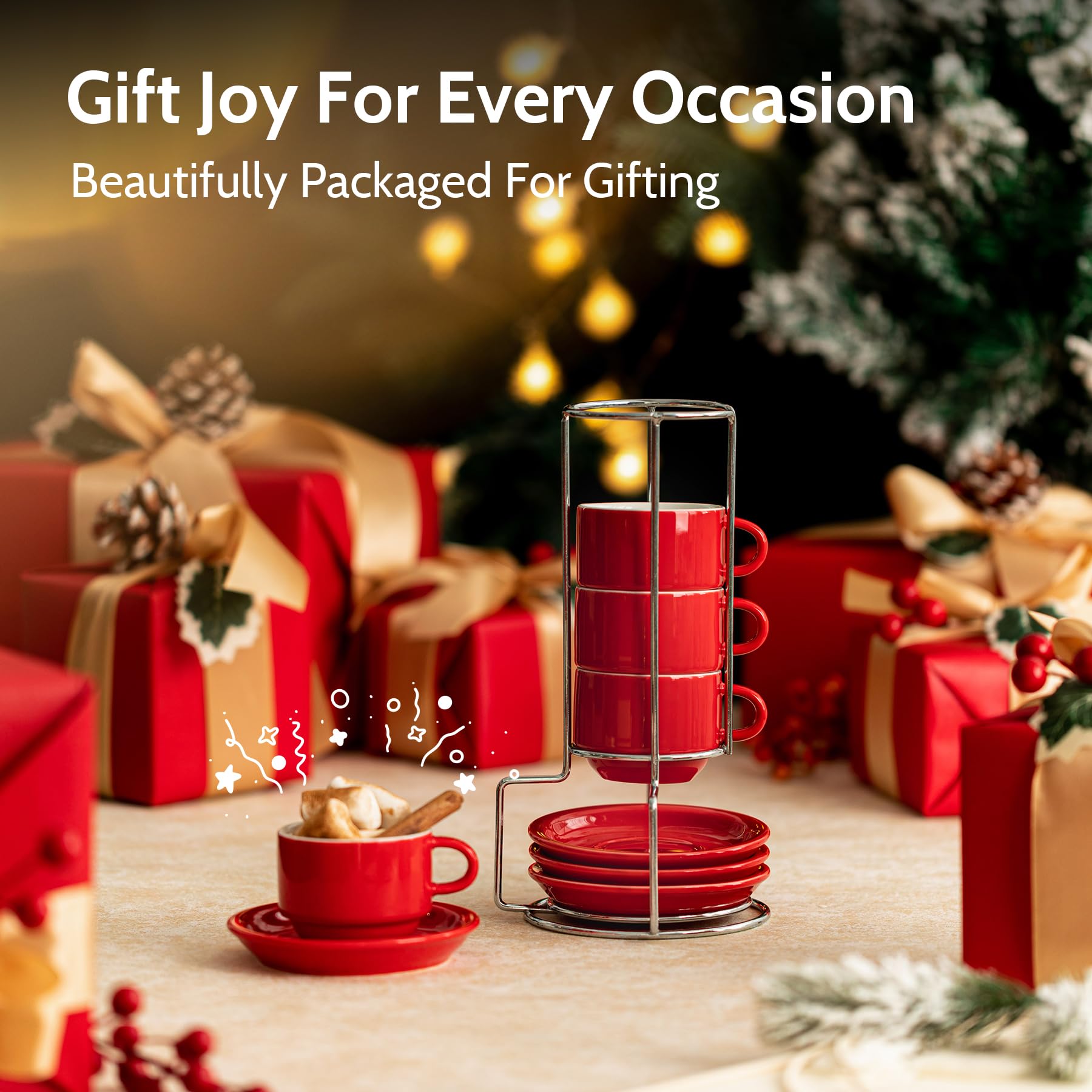 Sweese 2.5 Ounce Porcelain Stackable Espresso Cups With Saucers And Metal Stand Set Of 4, Red