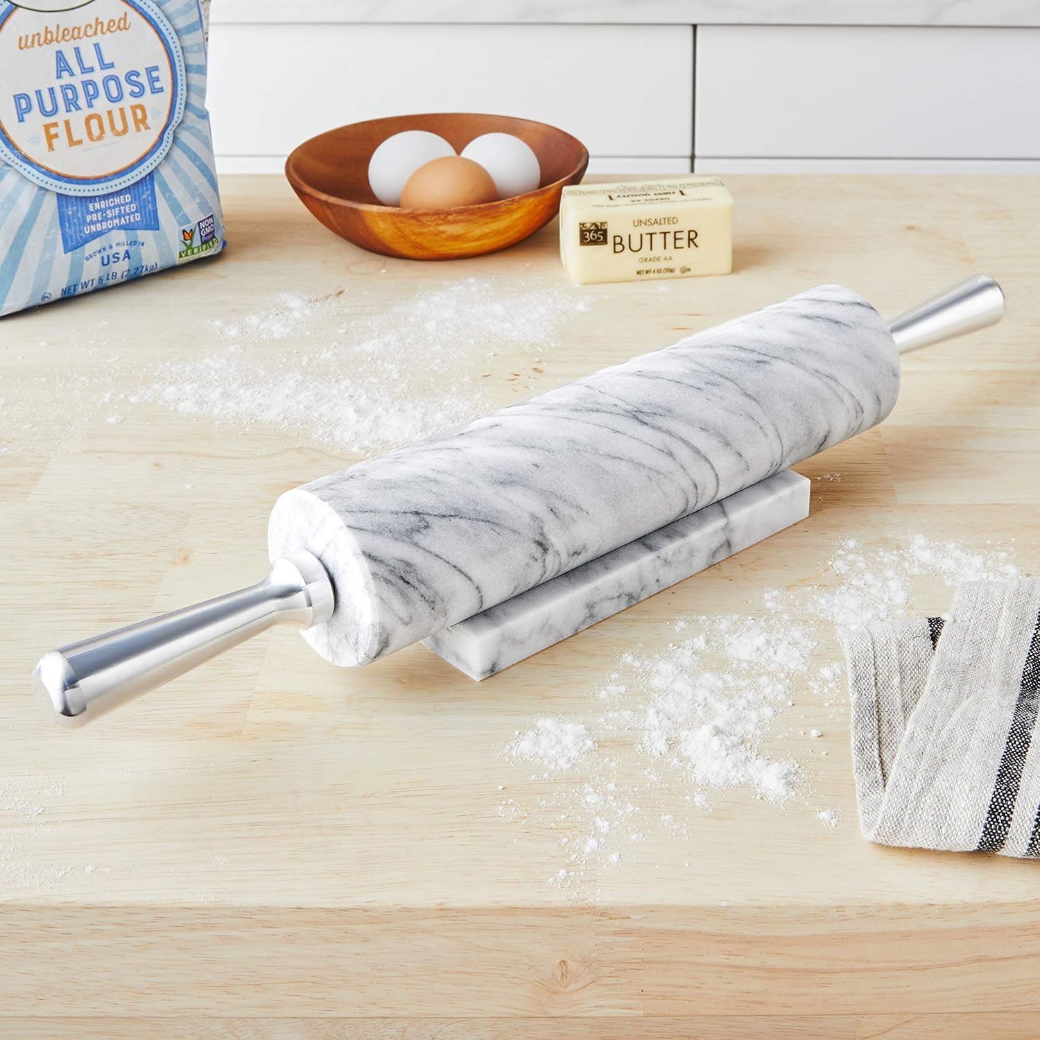 Fox Run 8648 Marble Rolling Pin And Base, 2.5 X 17.5 X 3 Inches, White, Aluminum Handles