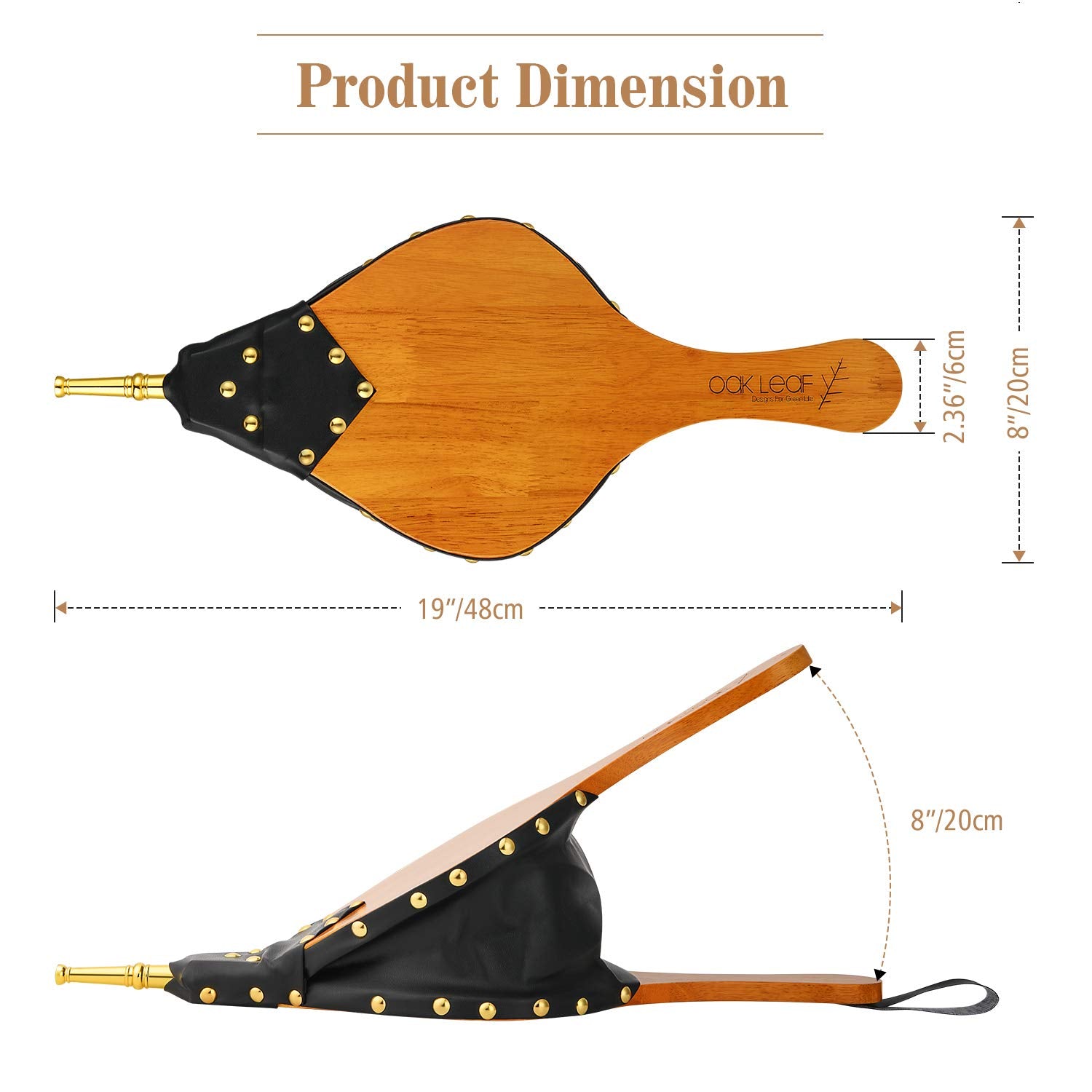 OAK LEAF Bellows  19'' x 8'' Large Fire Bellow for BBQ Fireplace Fire Pit Indoor Outdoor Wood Stove Barbecue Camping  Wood Air Blower Hand Bellows with Hanging Strap & Zinc Alloy Nozzle  Oak Wood