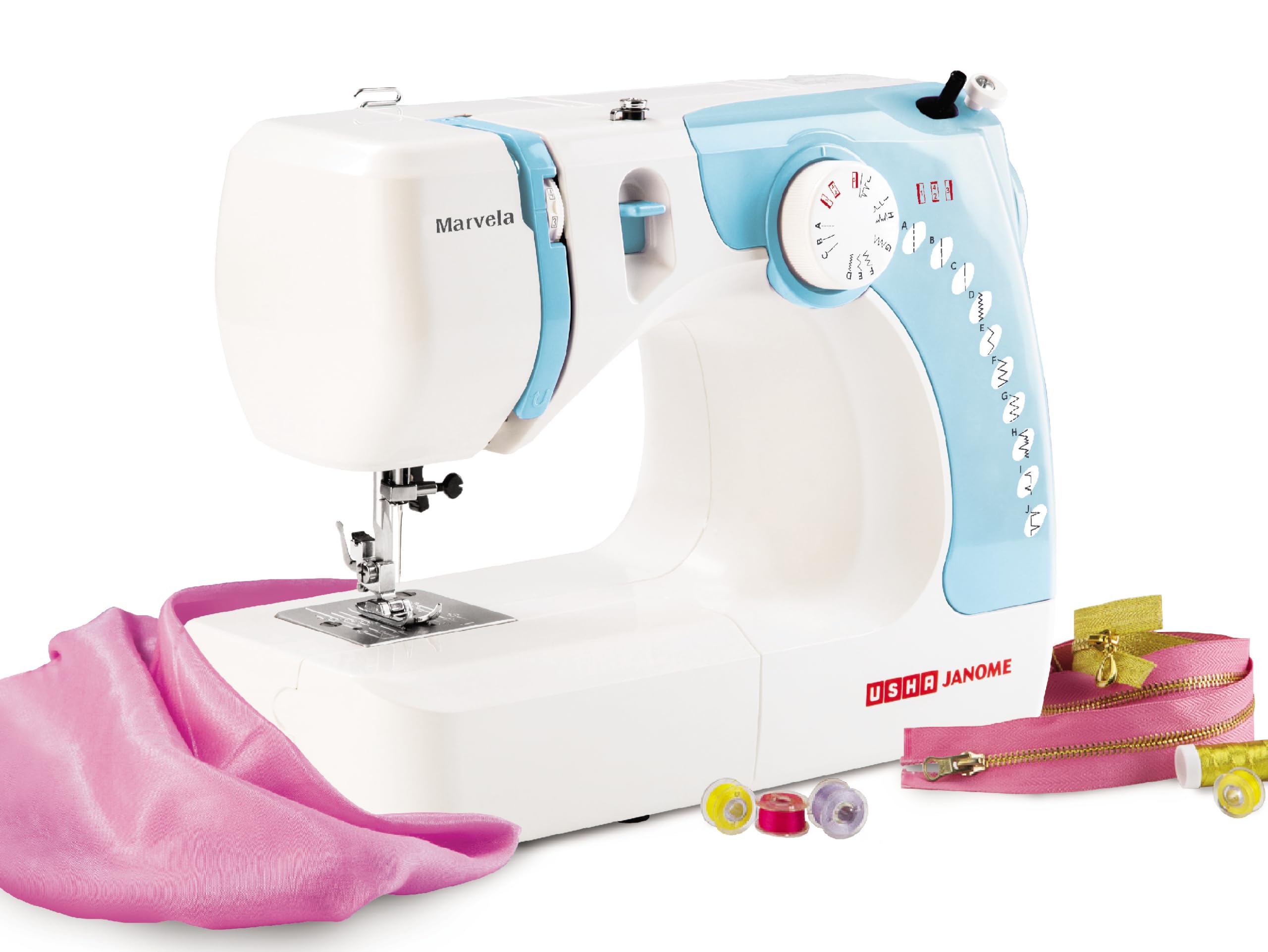 Usha Janome Marvela Automatic Zig-Zag Electric Sewing Machine ||Free Sewing Kit|| 14 Stitch Function (White/Blue Decals)