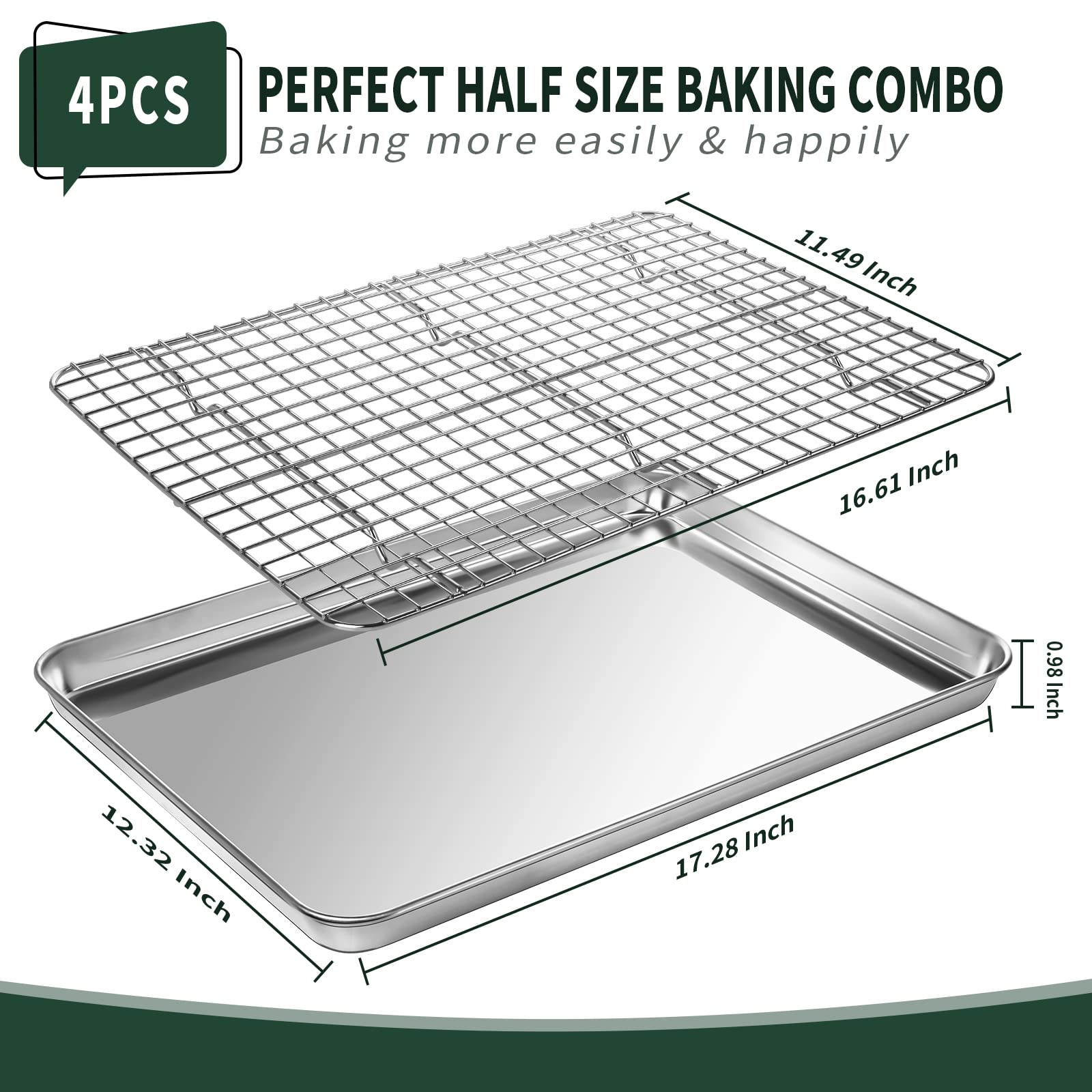 Half Sheet Pans With Rack Set [2 Pans + 2 Racks], Cekee Stainless Half Size Large Baking Sheets With Rack -18 Inch Baking Tray S