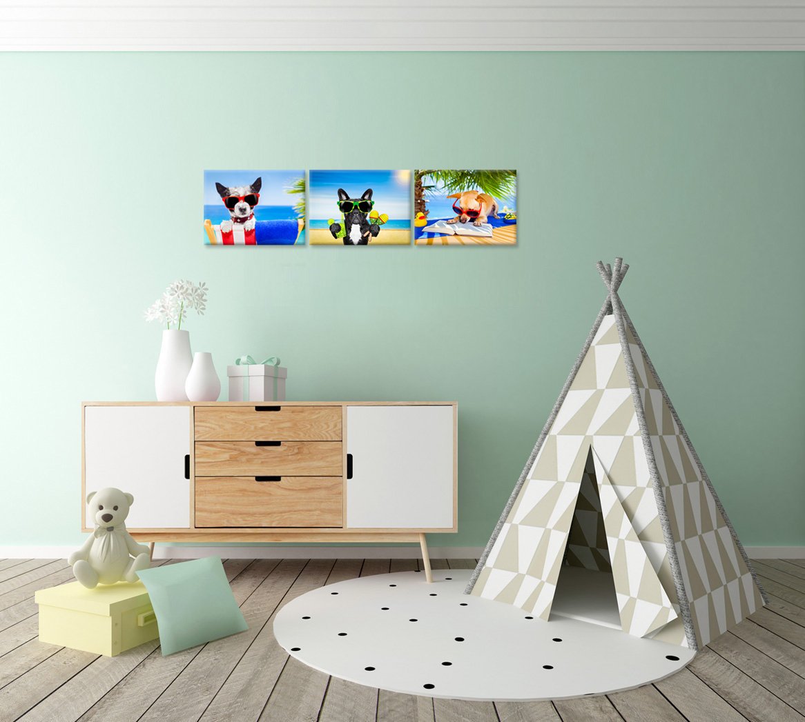 Ihappywall 3 Pieces Dog Animals Canvas Wall Art Chihuahua Reading Book Funny Puppy Relaxing On Summer Beach Painting For Bedroom