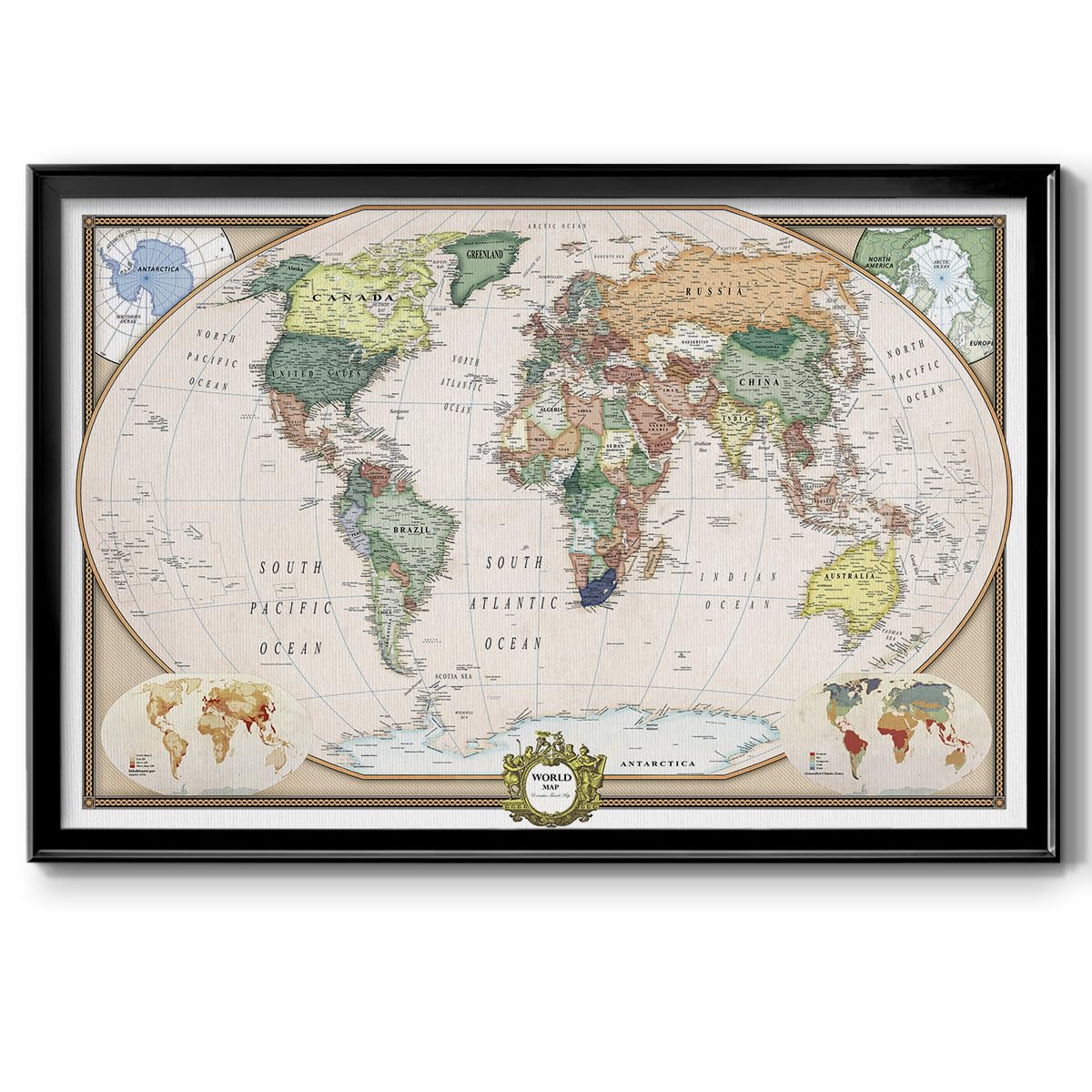 Renditions Gallery Colorful World Map Canvas Wall Art With Black Frame Wall Hanging Travel Map With Push Pins For Home, Office,