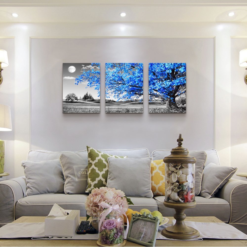 Wall Art For Living Room Black And White Blue Tree Moon Canvas Wall Decor For Home Artwork Huge Painting 16'' X 24'' 3 Pieces Ca