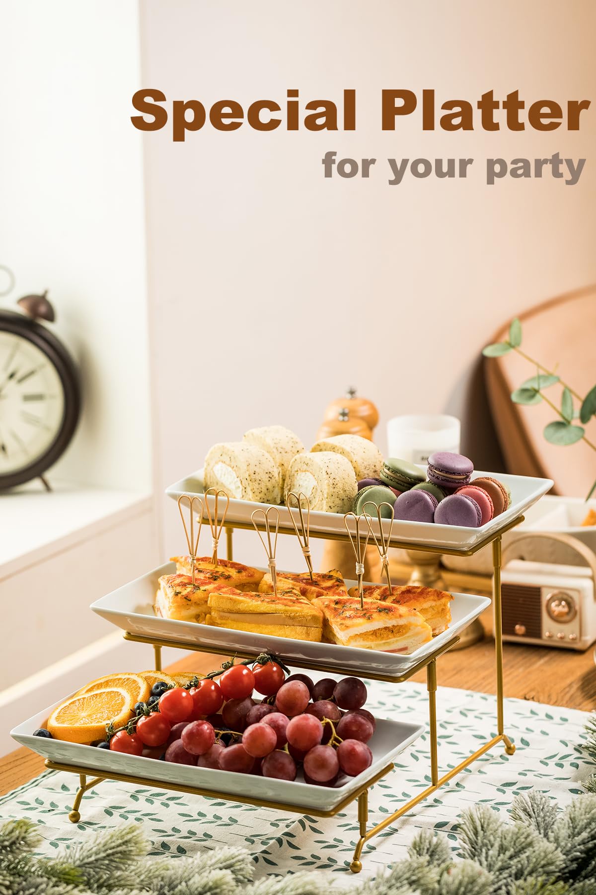 Lauchuh 3 Tier Serving Stand Porcelain Serving Platter Tier Serving Trays With Collapsible Sturdier Rack, Serving Dishes And Pla