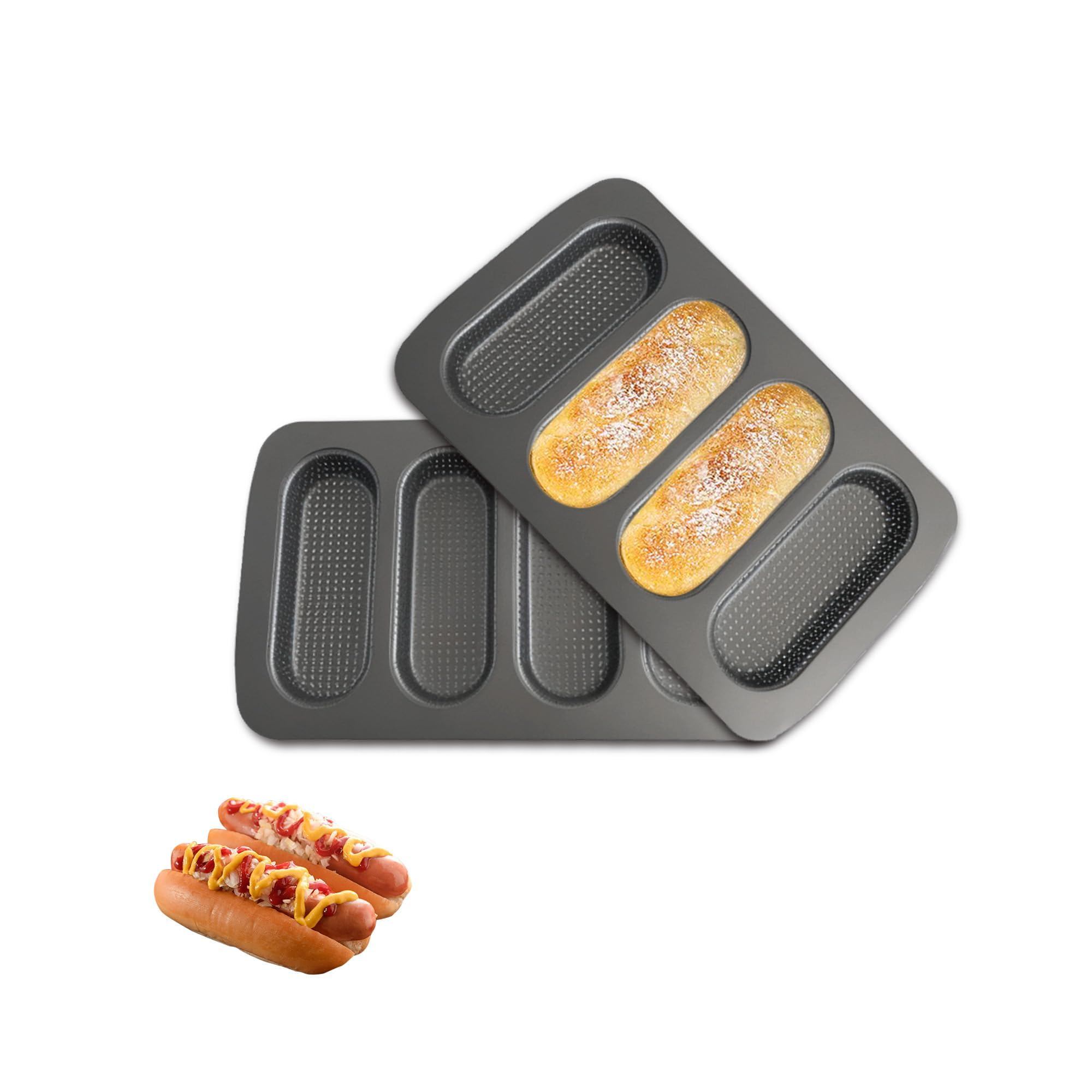 JSJMOFA Hot Dot Bun Pan, 2 Pack Non-Stick Carbon Steel Baguette Pan, Perforated Hotdog Bread Pans, Mini Baguette Sandwich Baking