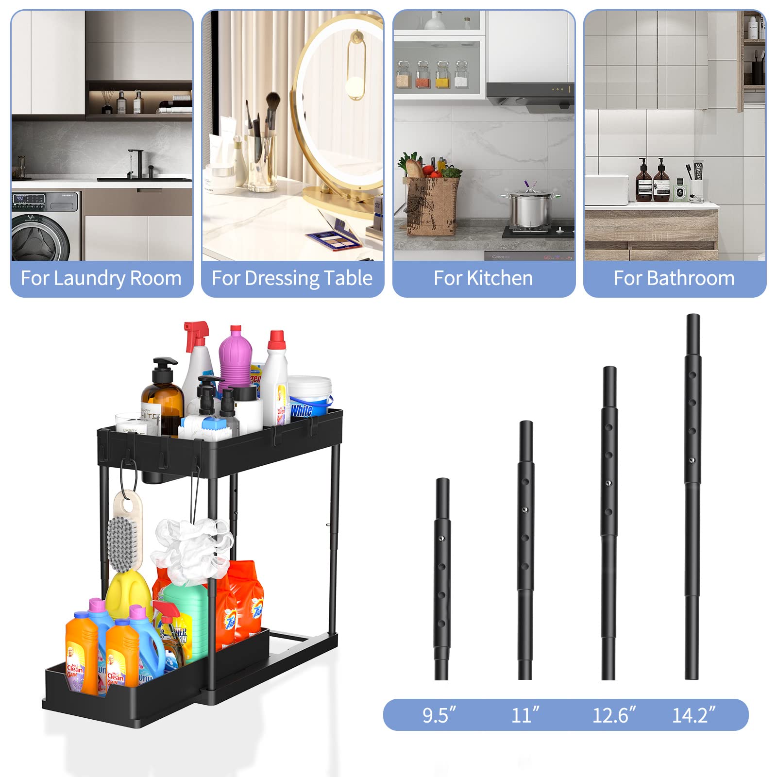 Under Sink Organizers And Storage, 2 Tier Black Bathroom Cabinet Organizer With 4-Height Adjustable Telescopic Tube,4 Removable