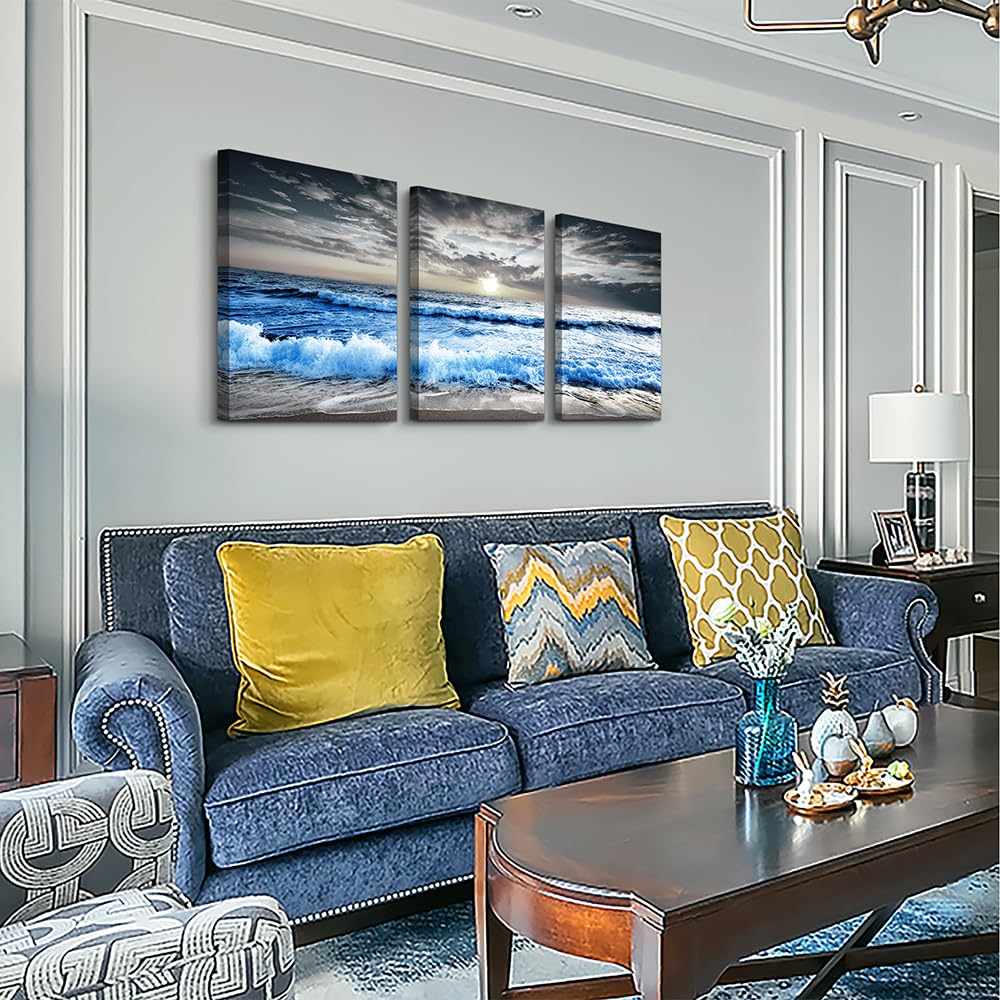 Mhartk66 Black And White Wall Art For Living Room Blue Sea Waves Canvas Wall Decor For Home Decor Artwork Painting 16'' X 24'' 3