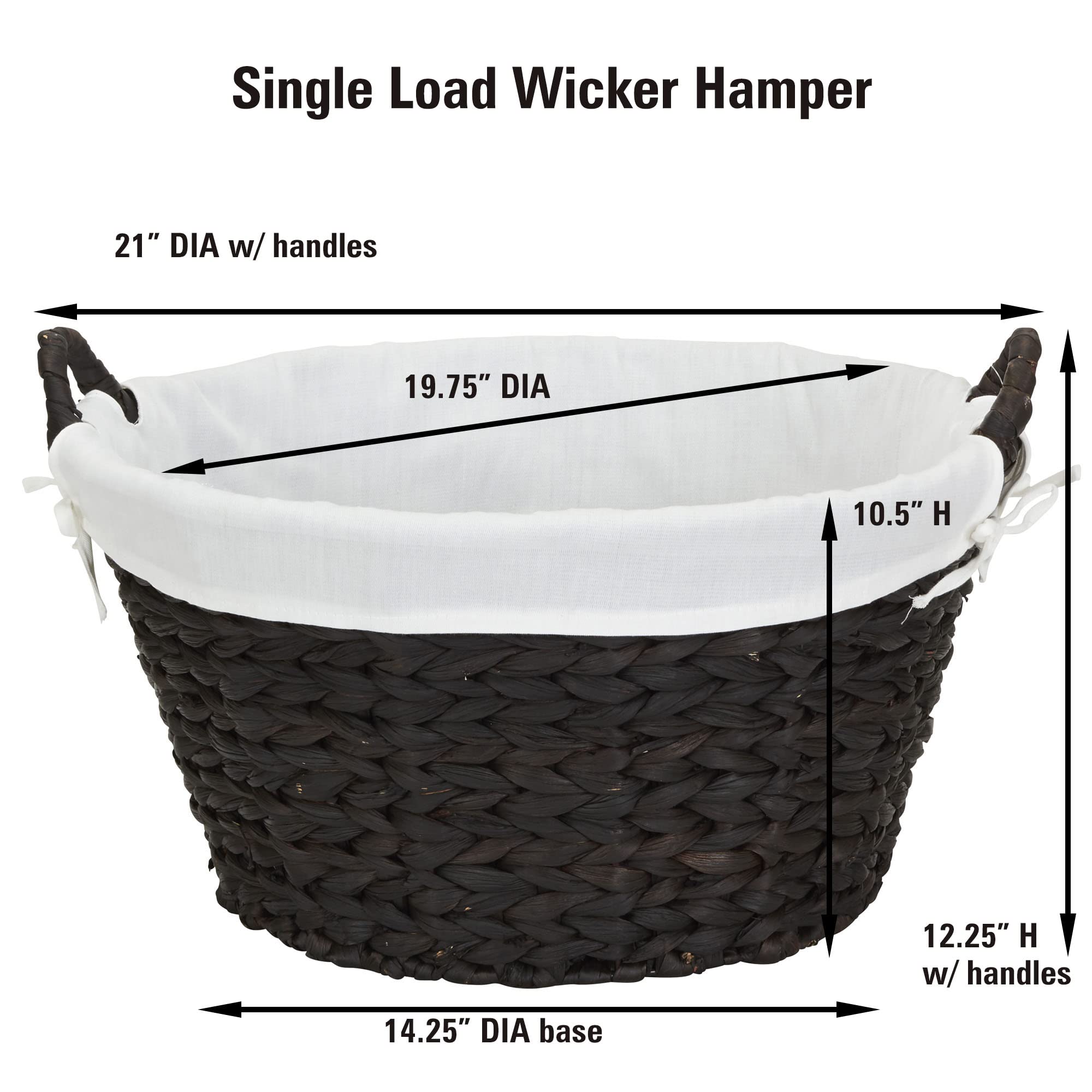 Household Essentials Round Wicker Laundry Basket with Handles  Whimsical Water Hyacinth Basket  Supportive Metal Frame  Removable Polyester Liner  Handwoven  Well-Structured and Versatile  Brown Large