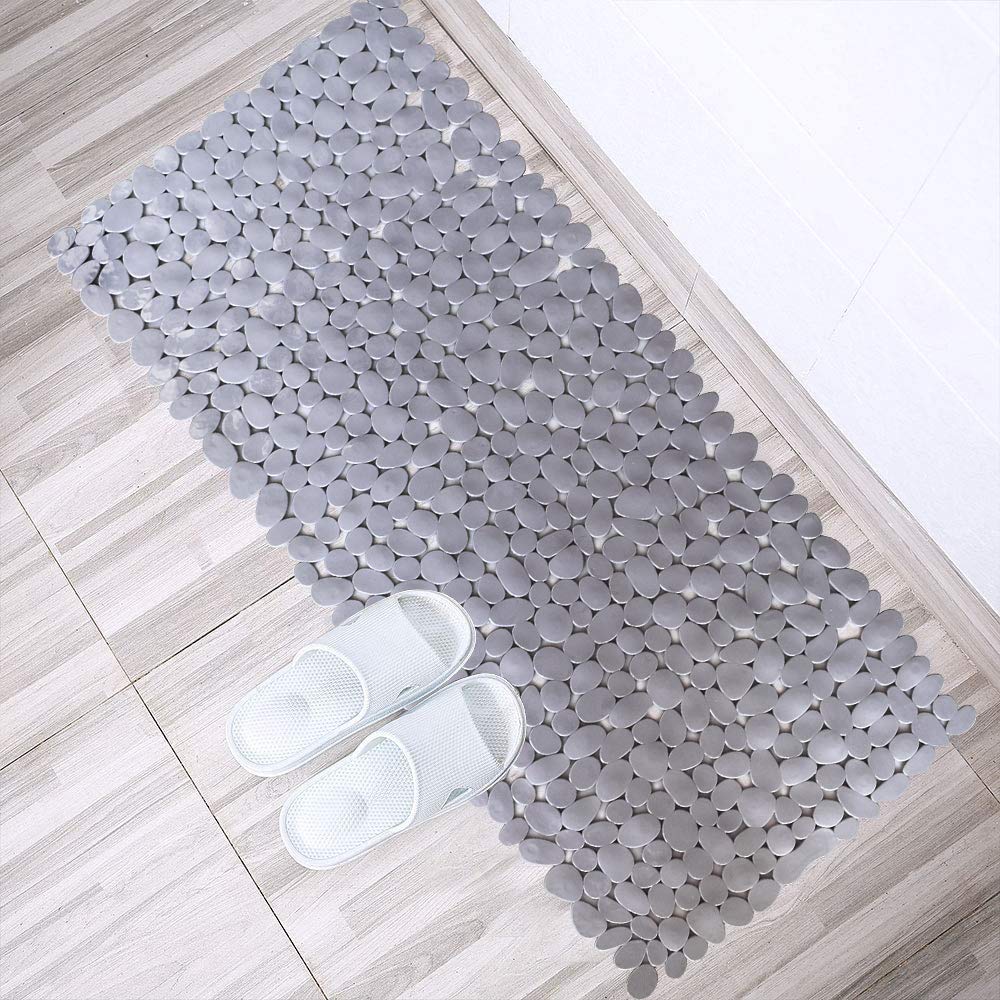 Songziming Pebble Bath Mat 35X16 Inches For Bathtub To Non Slip In Shower With Drain Holes, Suction Cups (Grey)
