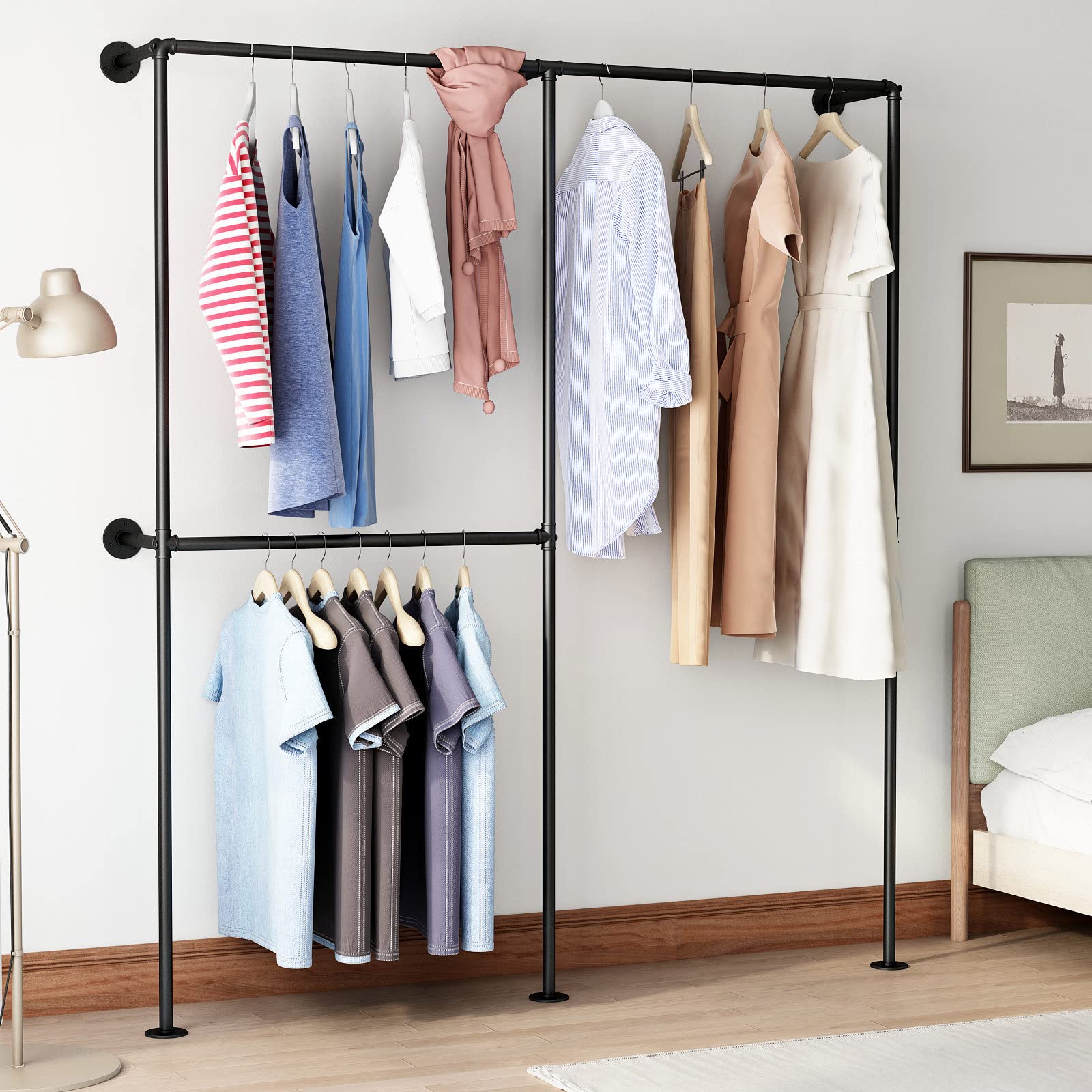 Dr.Iron Industrial Pipe Clothing Racks With Double Bar, Industrial Black Clothes Racks Wall Mounted, Heavy Duty Closet Rods For