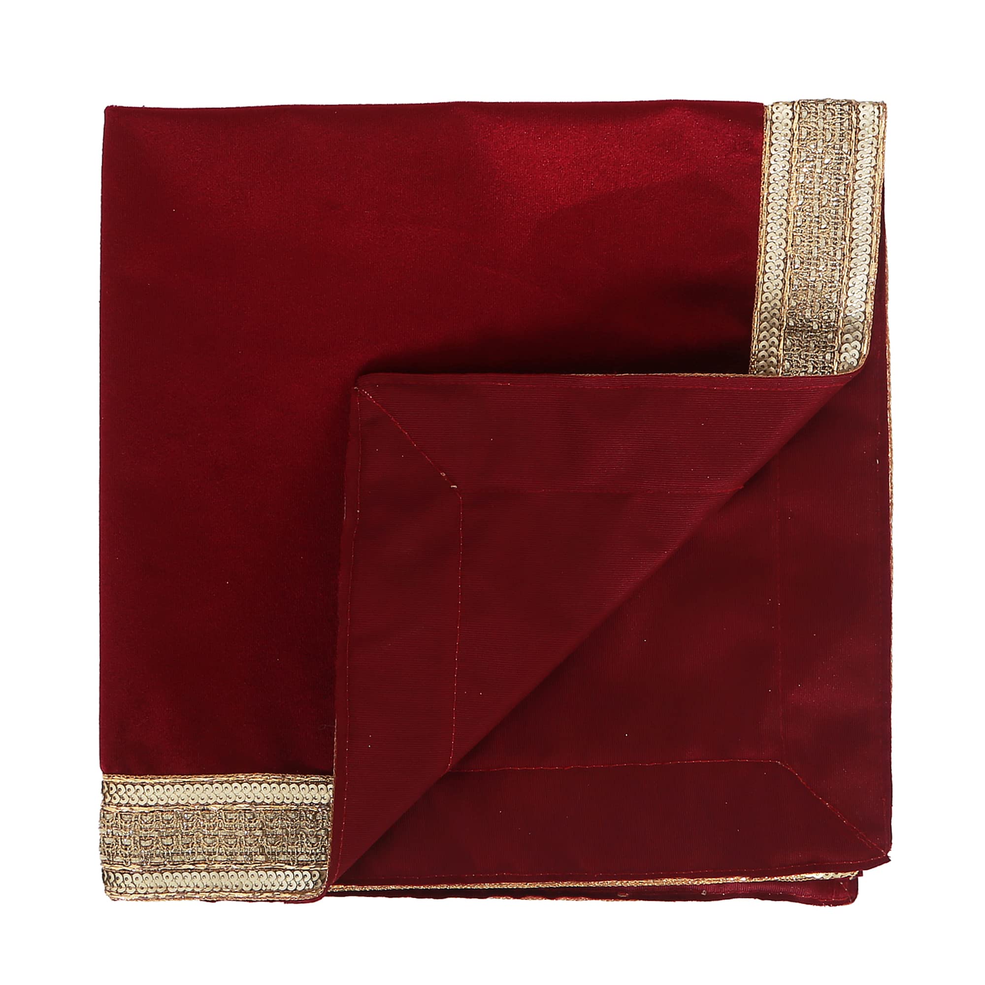 Indian Consigners Solid Red Velvet Cloth With Golden Shinny Border, Aasan Pooja Puja Cloth Poojan Table Cloth Holy Cloth