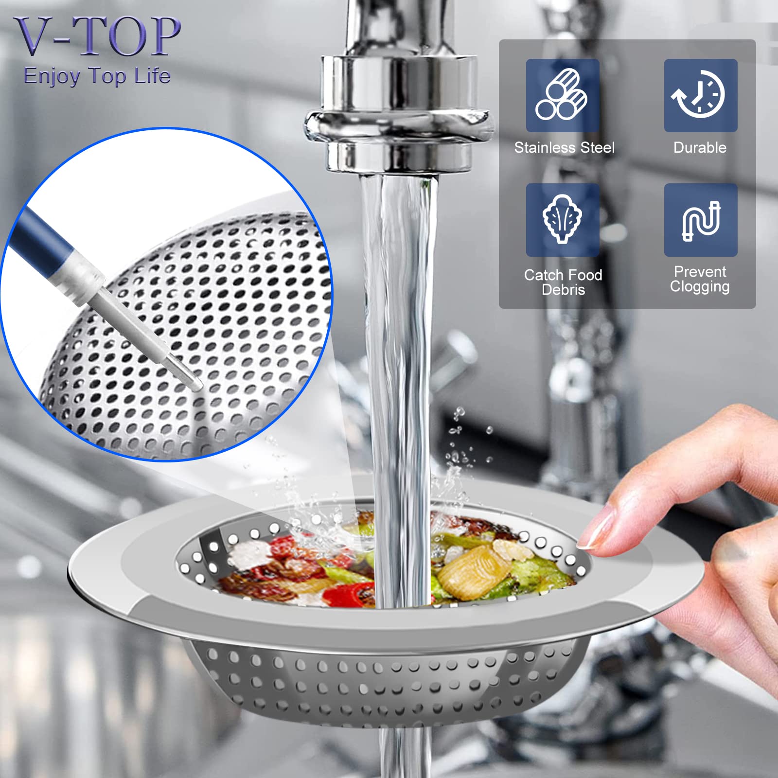 V-Top Sink Strainer Stopper 4 Pack, Universal Silicone Kitchen Sink Drain Strainer Cover Plug Stopper Kit, 4.5 Inch Stainless St