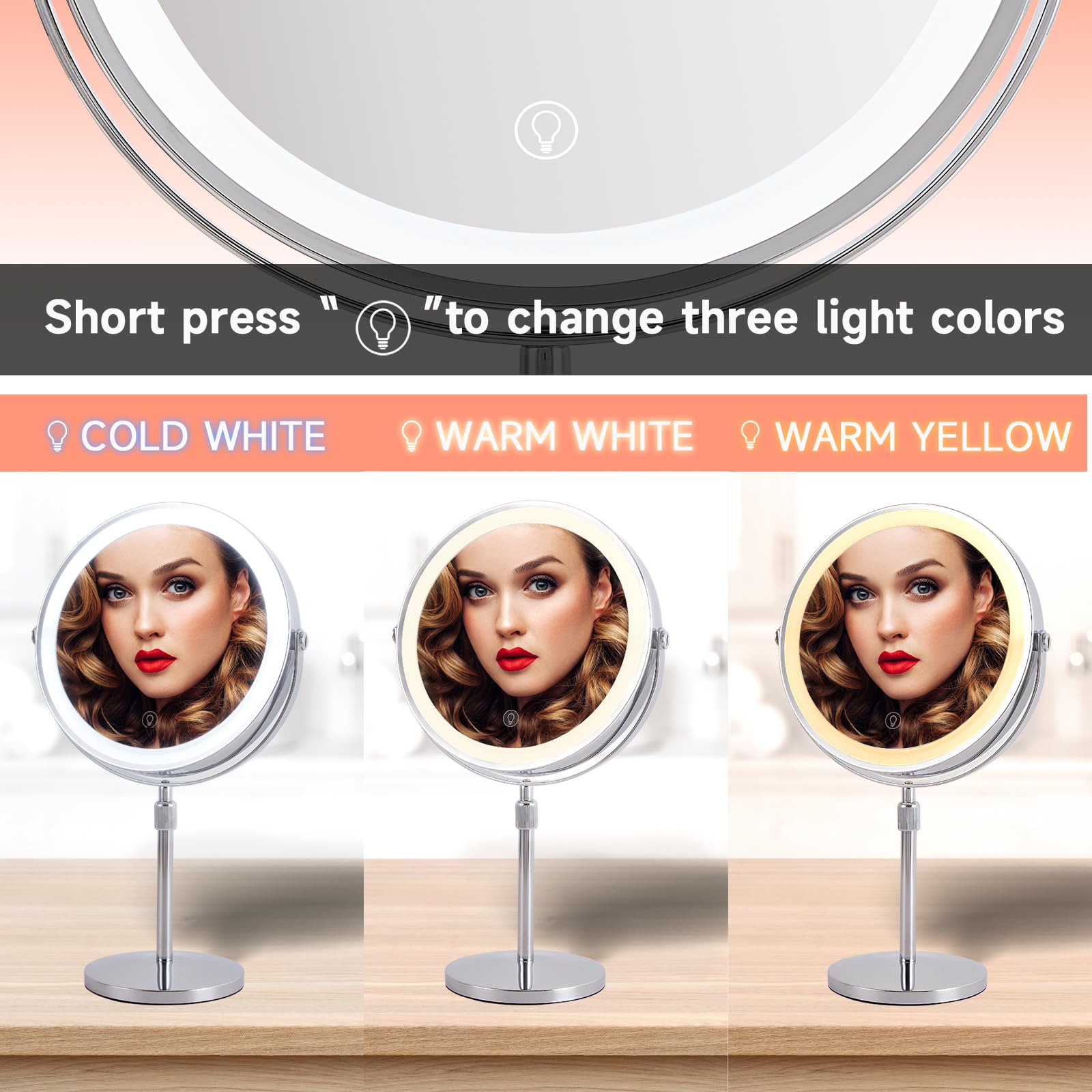 10X Lighted Makeup Mirror, Vanity Mirror With Lights,Rechargeable 9'' Height Adjustable Vanity Mirror, 1X/10X Magnifying Mirror