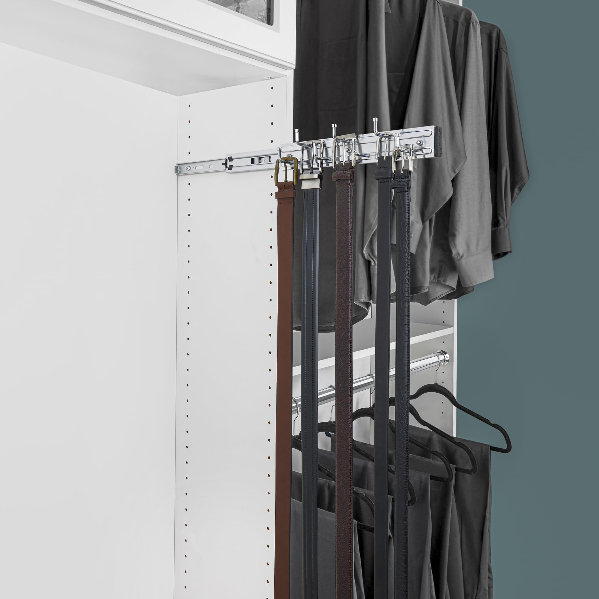 Rev-A-Shelf 14'' Pull Out Closet Organization Rack for Belts  Ties and Scarves  Accessories Storage Hanger with Mounting Hardware  Chrome  BRC-14CR