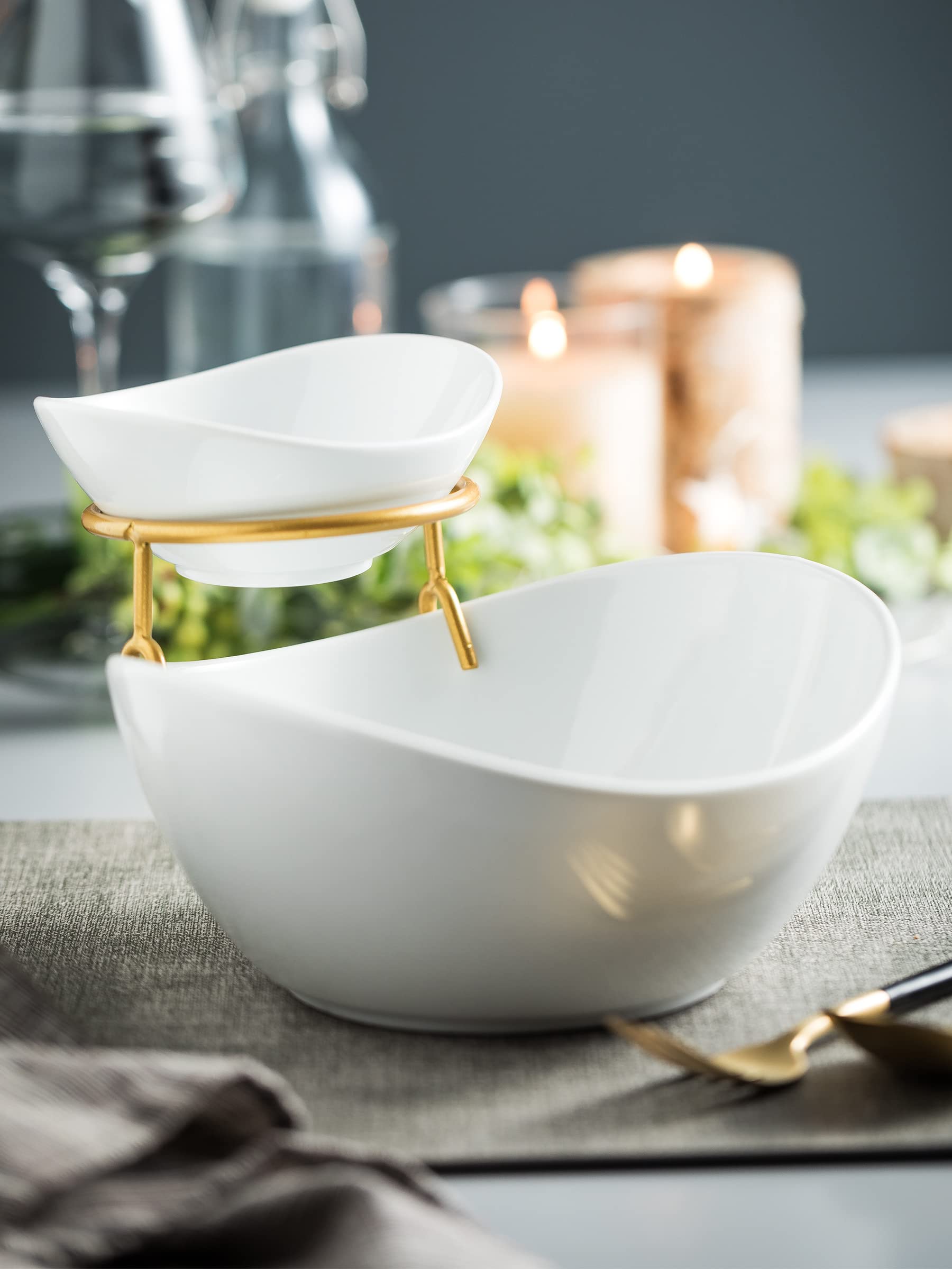 Miamolo Porcelain Serving Bowl Set For Appetizer Serving Dishes Set With 2 Compartment, Chip And Dip Taco Rack Display Salad Bar