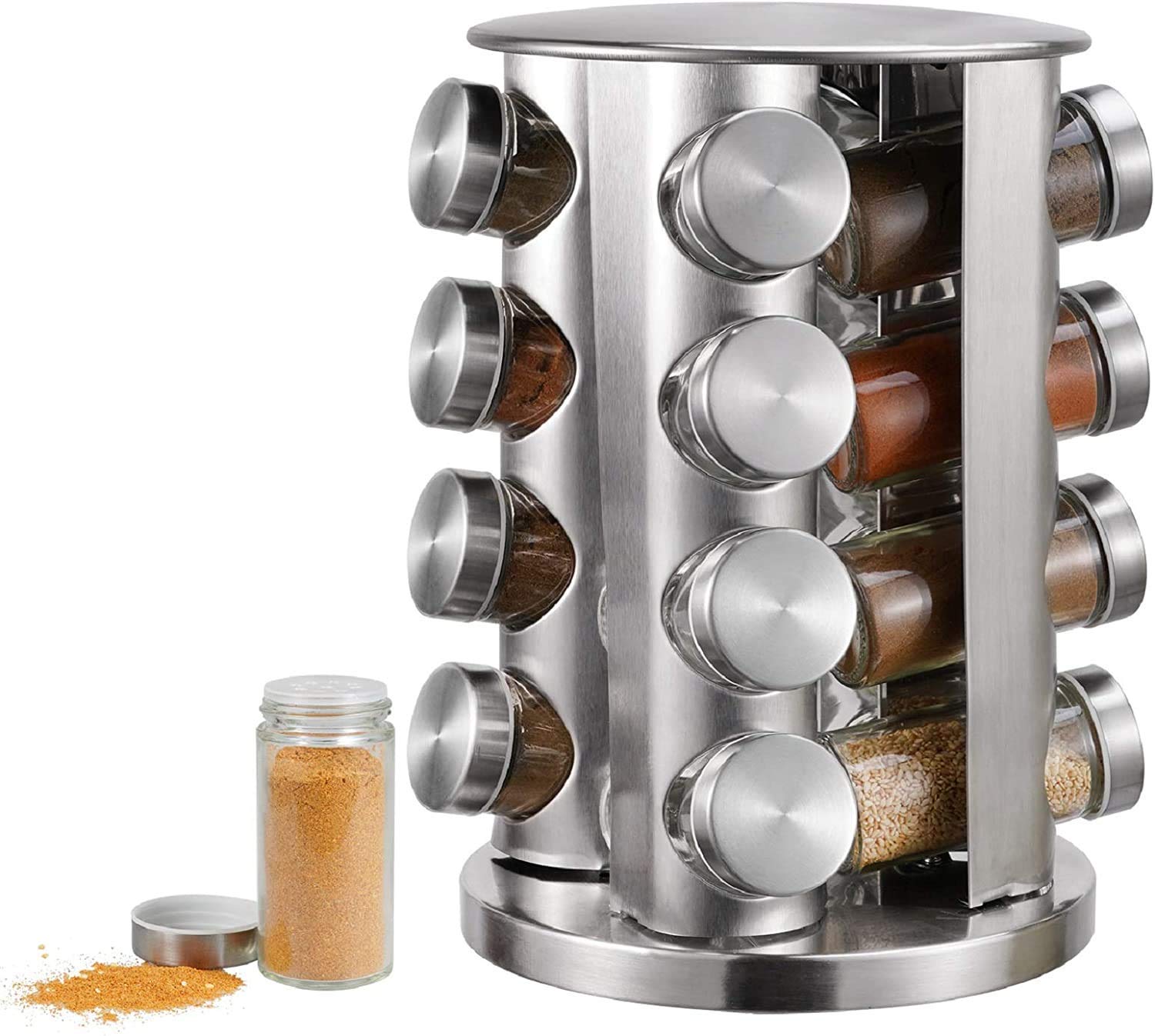 Jeny Revolving Spice Tower | Round Spice Rack | Set Of 16 Spice Jars | Seasoning Storage Organization | Stainless Steel Turntabl