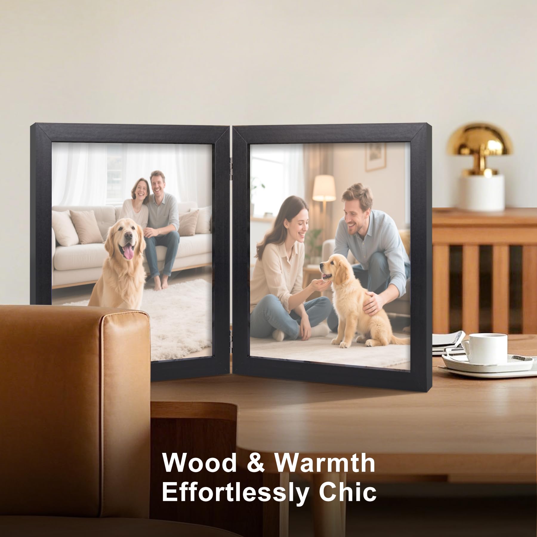 8x10 Double Picture Frame Wooden Hinged Photo Frame Definition Glass Stand Vertically on Desktop or Tabletop Black