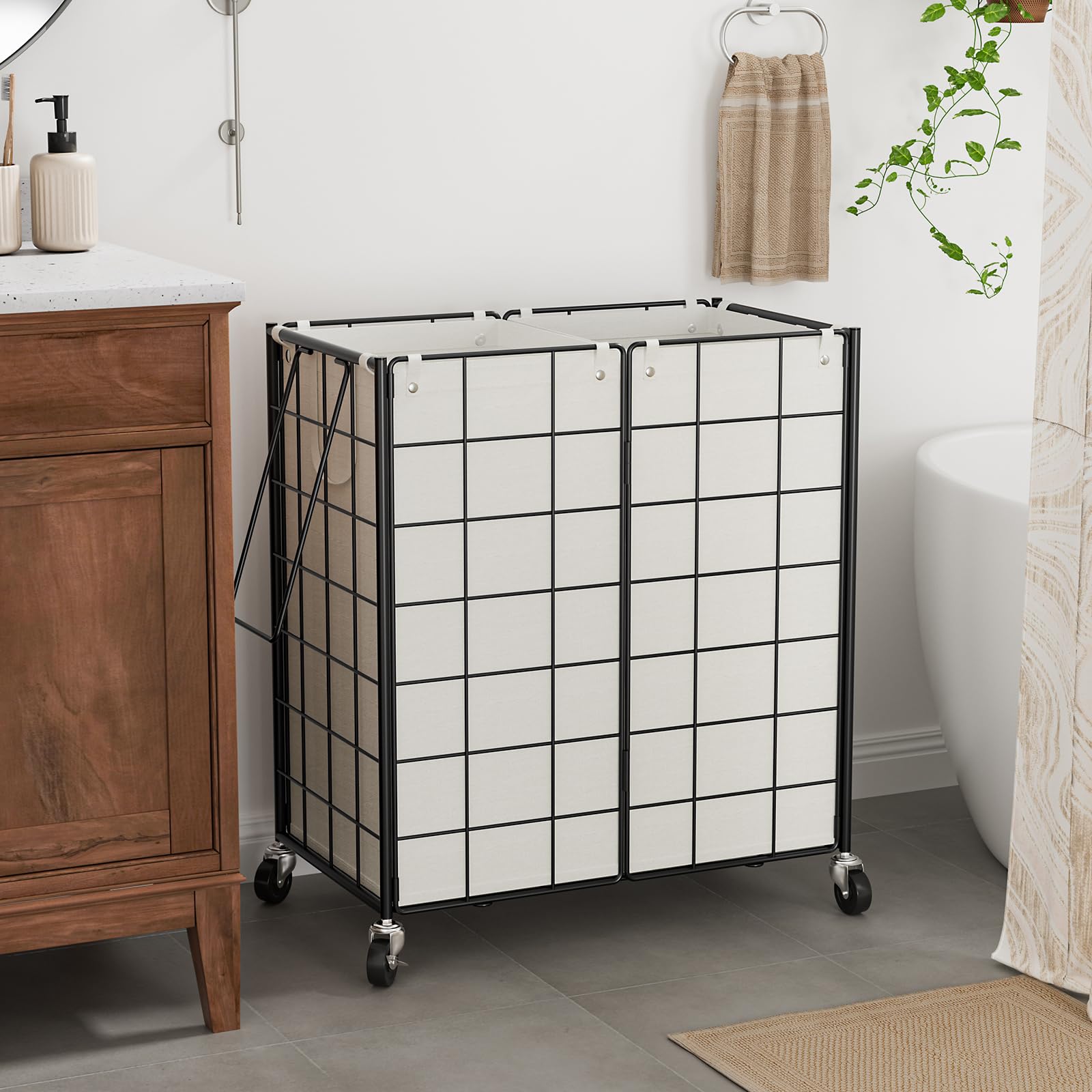 Wowlive Double Laundry Hamper With Wheels,Metal Wire Frame Rolling Laundry Basket With 2 Removable Bags,120L Dirty Clothes Hampe