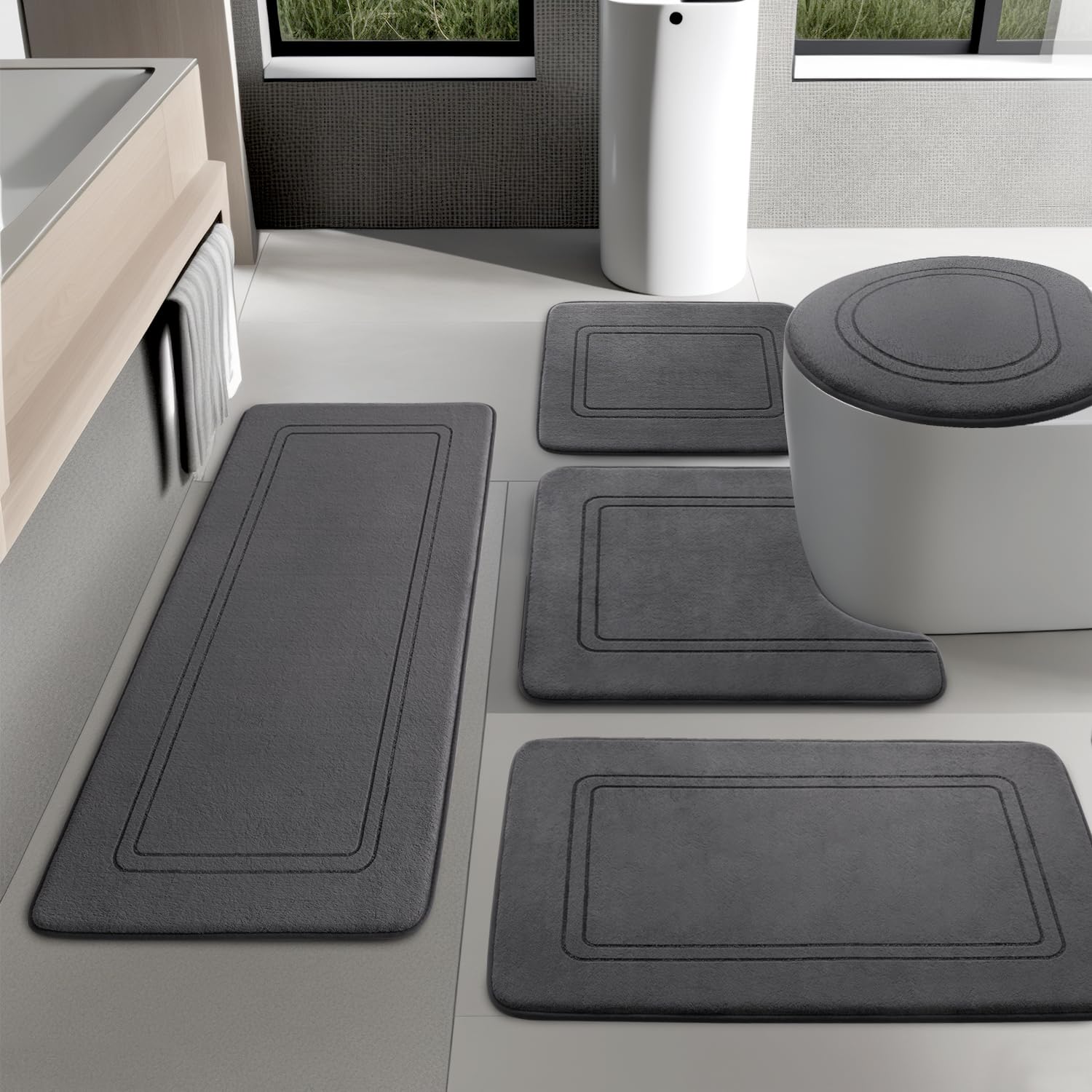 Yihouse Dark Grey Memory Foam Bathroom Rug Set 5 Piece, Absorbent Bathroom Mat Set, Non Slip Bath Mats For Bathroom Washable Dry