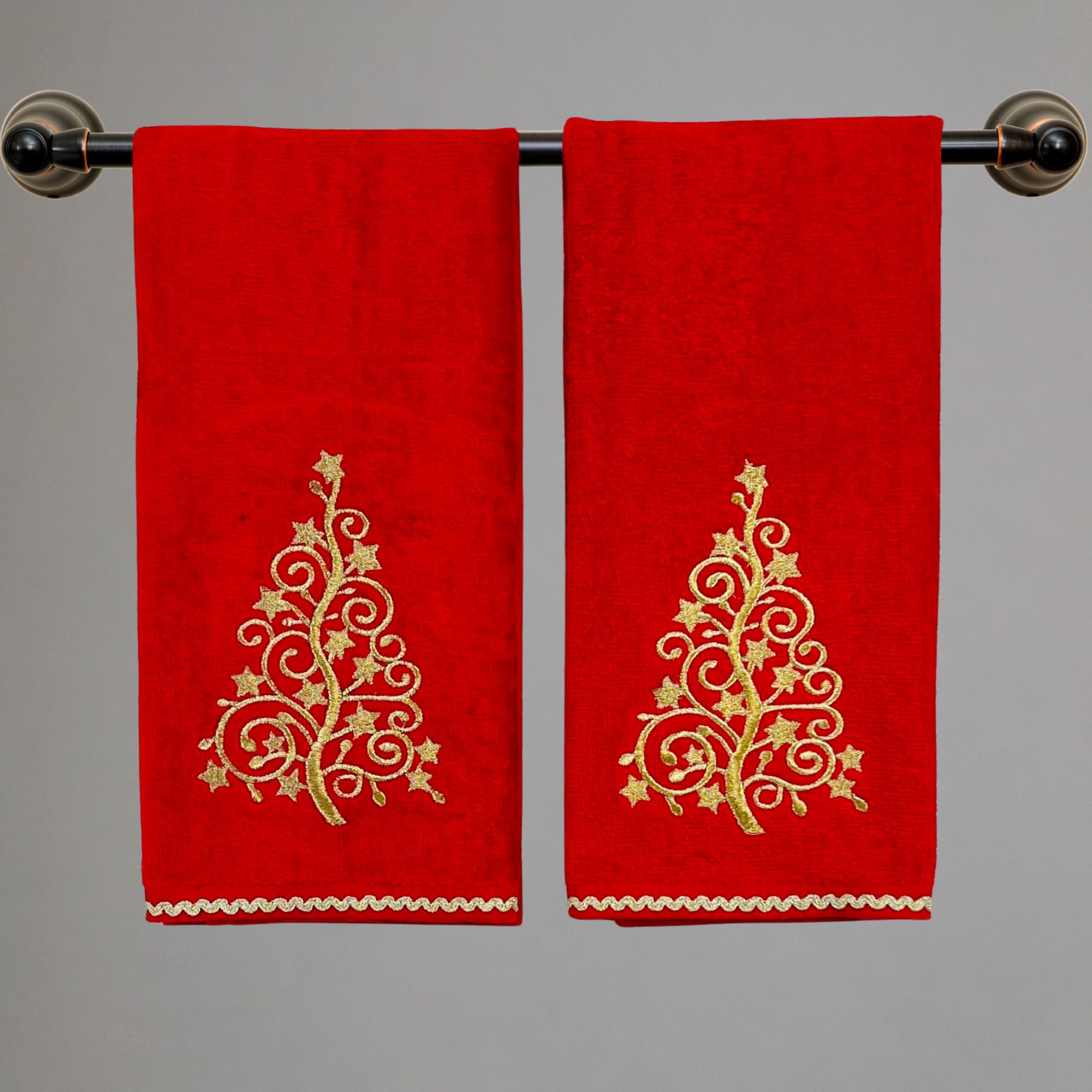 Serafina Home Holiday Christmas Bath Hand Towels, Embroidered Gold Xmas Tree On Red, 2 Piece Set, 16 X 25 Inches, 100% Cotton