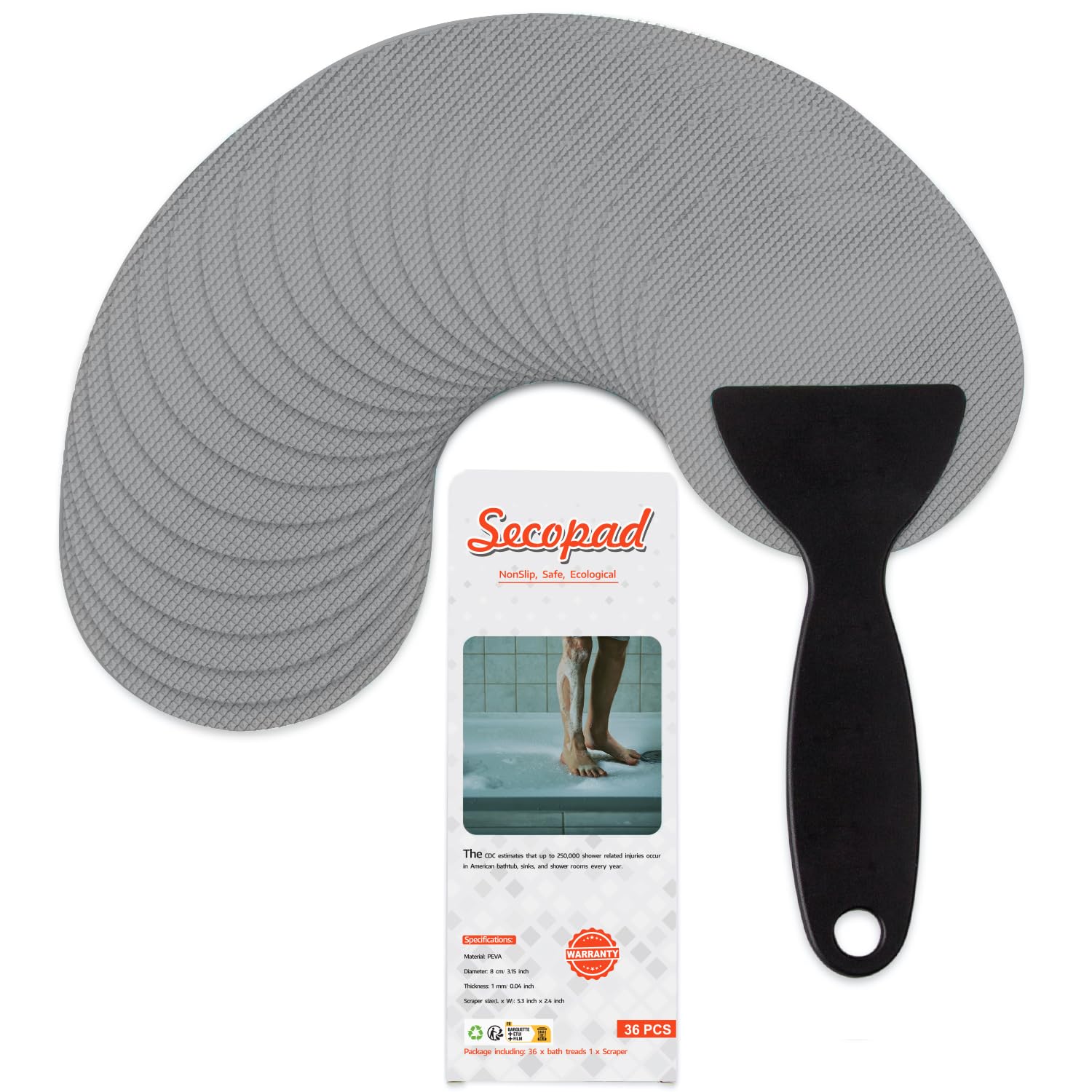 Secopad 36Pcs Bathtub Stickers Non-Slip, Safety Shower Treads Adhesive Appliques With Premium Scraper (Grey)