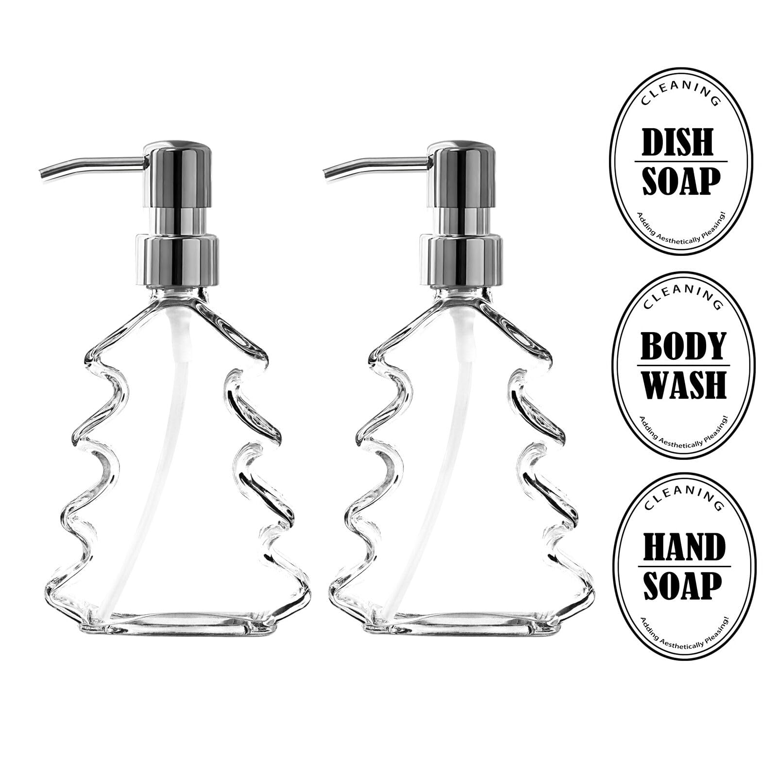 Syfurnix Christmas Soap Dispenser 2Pcs Clear Glass Hand Soap Dispenser For Bathroom, Kitchen Sink, Dish Soap Dispenser With Pump
