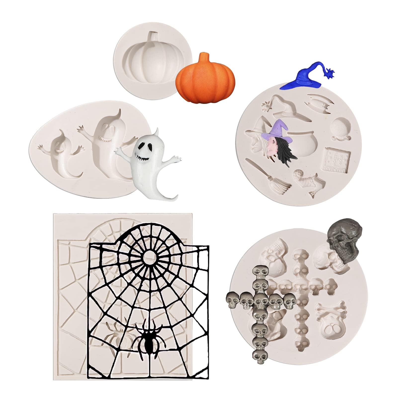 Halloween Fondant Molds (5 Pcs), Pumpkin Spider Ghost Witch Skull Silicone Chocolate Molds, For Baking Cake Cupcake Decoration C