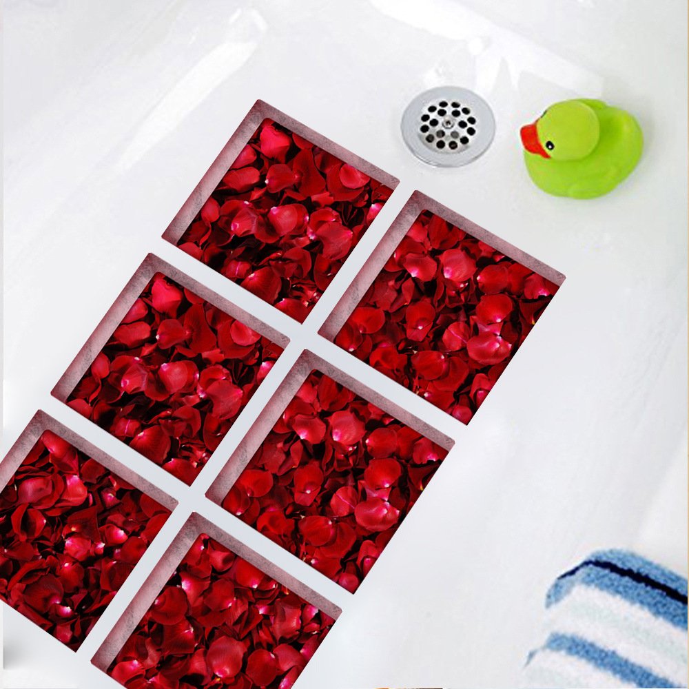 ChezMax Nature Series Bath Tub Tattoos Non Slip Tub Stickers 3D Stereoscopic Tub Decals Red Petal Pattern Tub Appliques 6 Pcs 5.