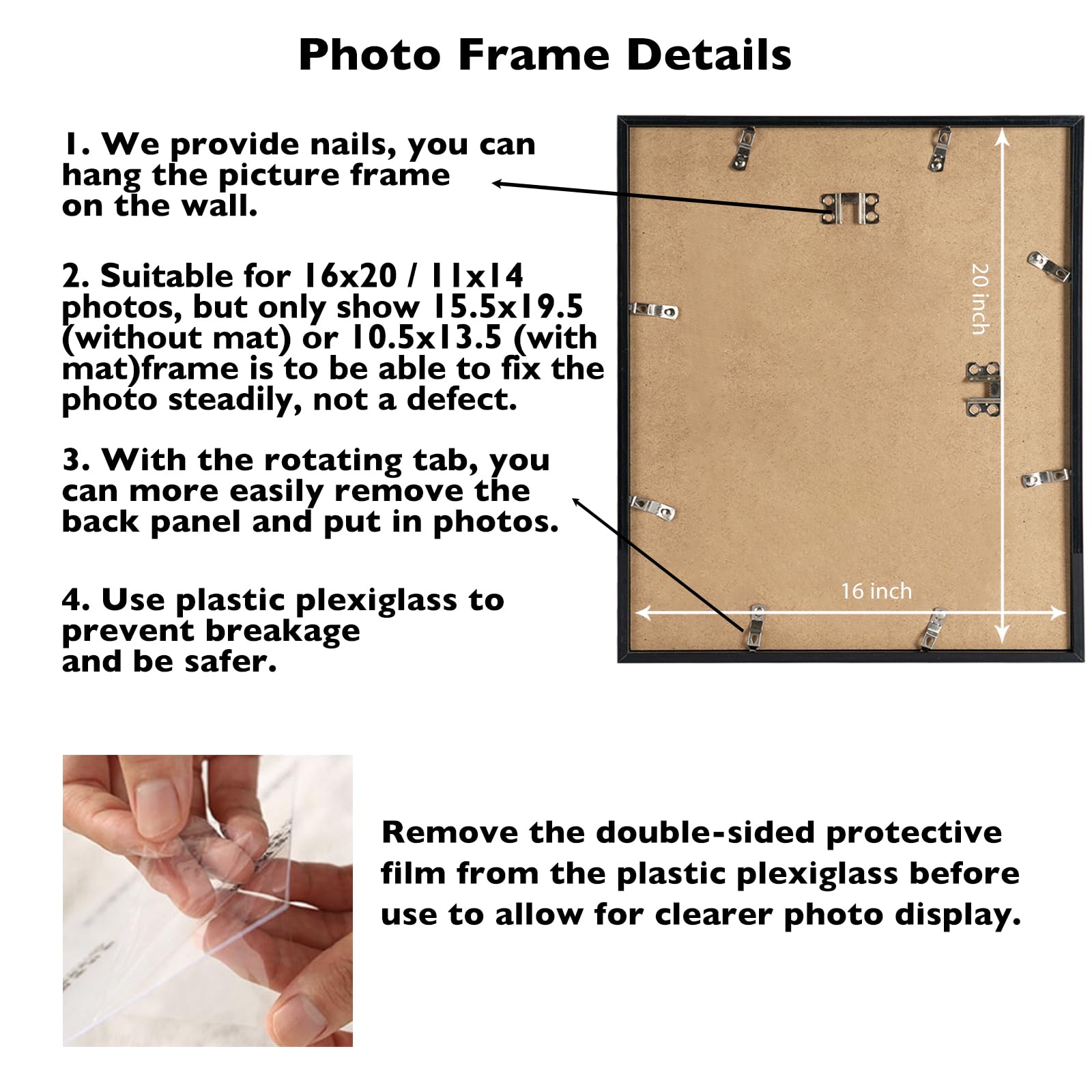 JCJMY 16x20 Picture Frame with 11x14 Mat, Display Photo 11x14 with Mat or 16 x 20 Without Mat, Wall Hanging Large 16 by 20 Poste