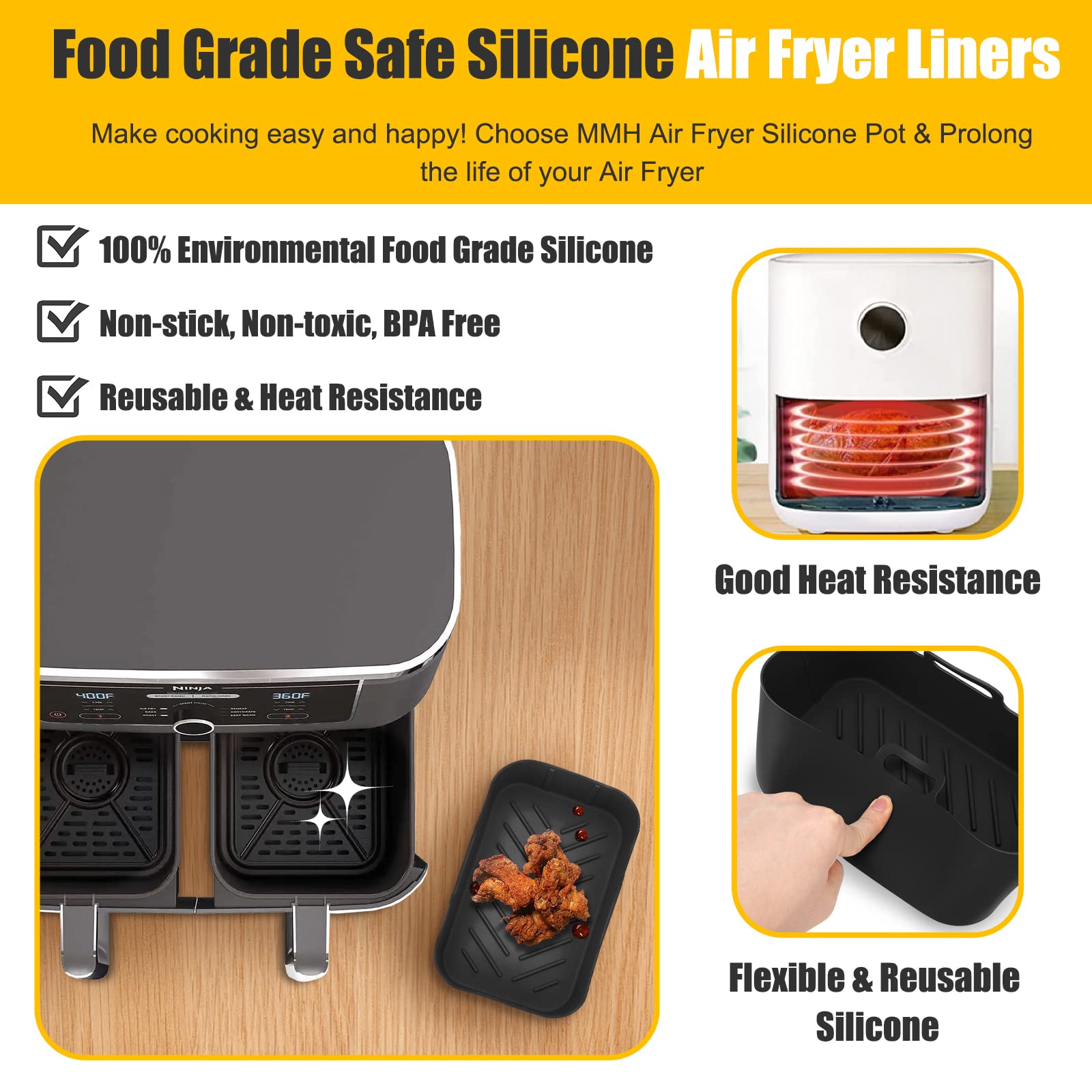 10Qt Air Fryer Silicone Liners For Ninja Dz401/Dz550/Sl401/Sl451/Dz302,Mmh 2Pcs Rectangle Food-Grade Airfryer Silicone Pot Reusa