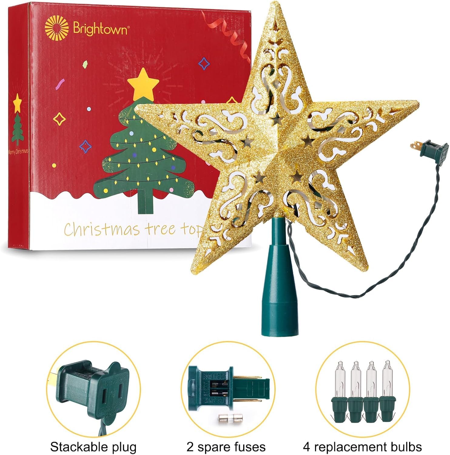 Christmas Star Tree Topper Lighted 7.87    Hollowed 3D Pentagram Built-in 10 Bulbs Hollow Gold Treetop with Glitter Plug in (4 B