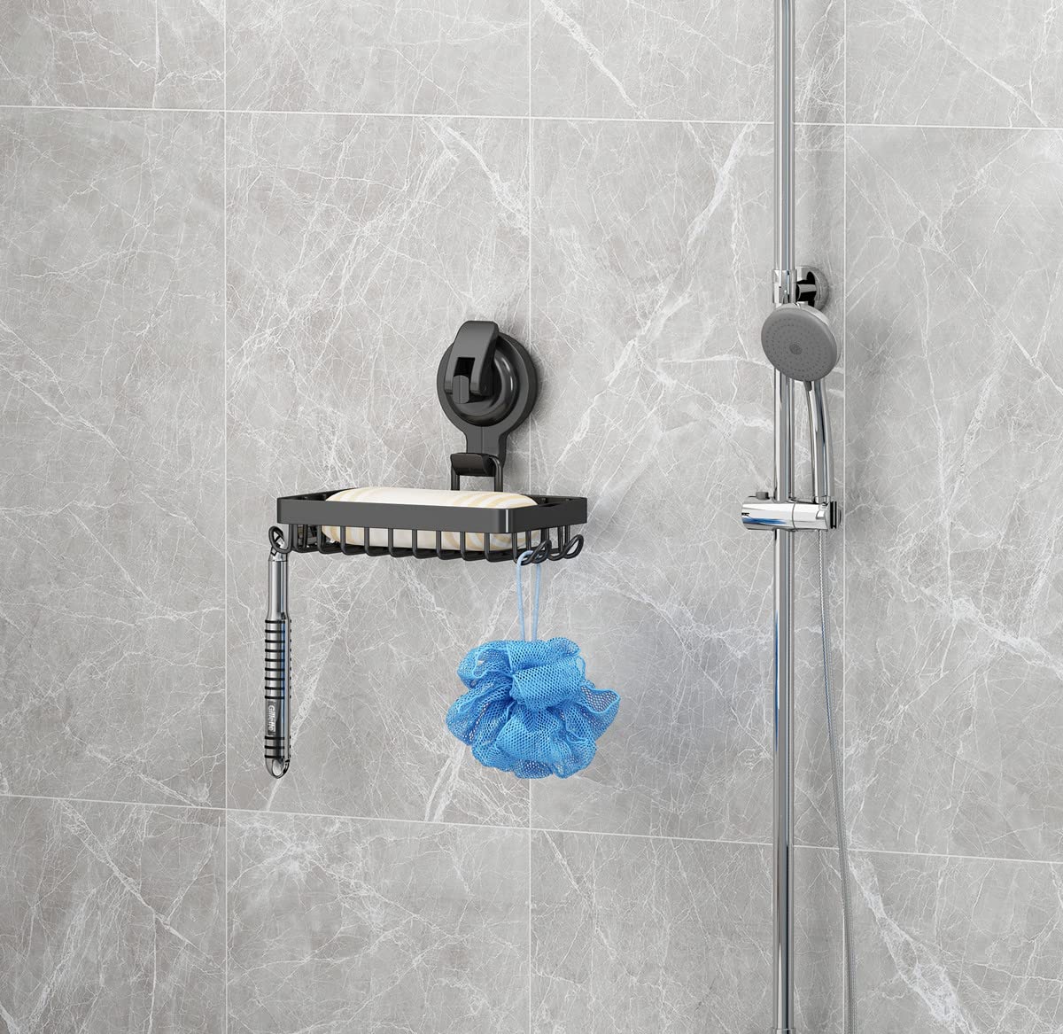 Suction Cup Soap Holder Soap Dish With Hooks For Razor, Sponge, 304 Stainless Steel, Black