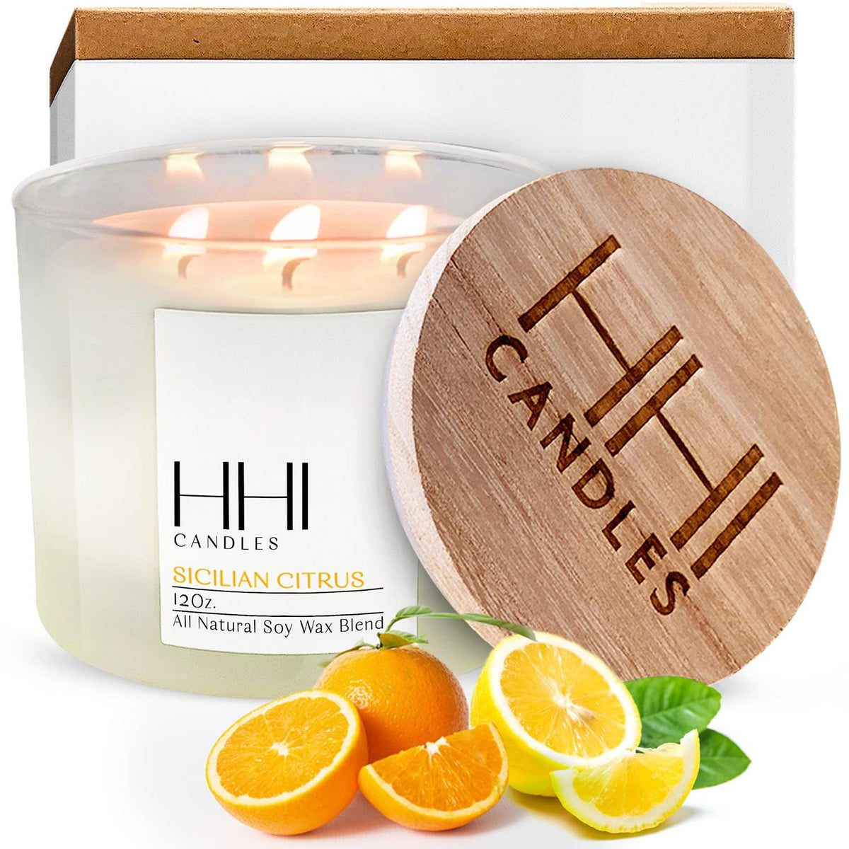 HHI All Natural Soy Citrus Candle | A Blend of Lemon, Orange, Lime and Eucalyptus | Large 12 Ounce Three Wick | Long Burn time |