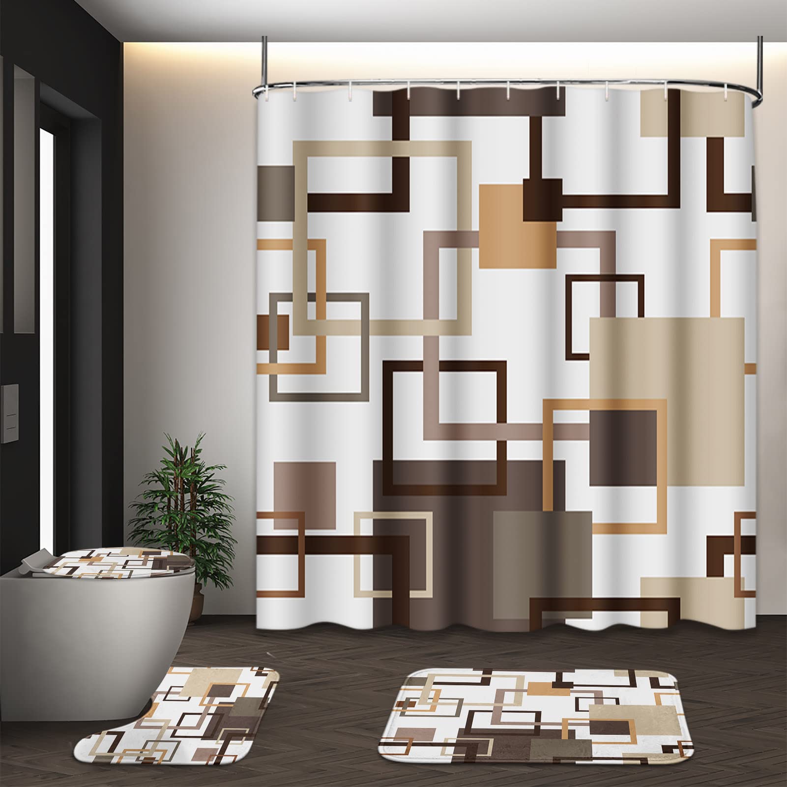 Geometric Brown Shower Curtain Set With Toilet Lid Cover And Non-Slip Rugs, Abstract Square 4 Pcs Shower Curtain For Bathroom, M