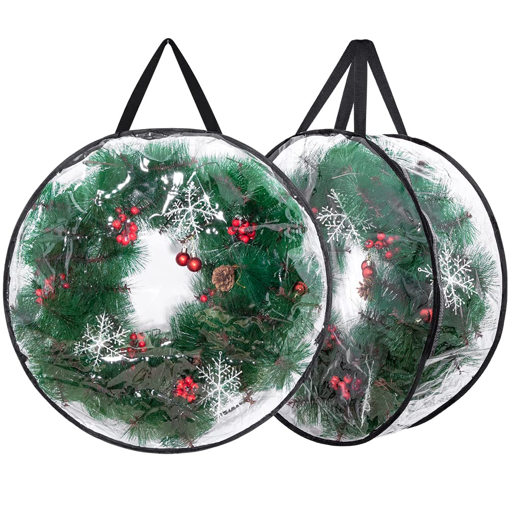 2-Pack Christmas Wreath Storage Container 24'', Clear Wreath Storage Bags With Dual Zippers For Xmas Seasonal Thanksgiving Holid